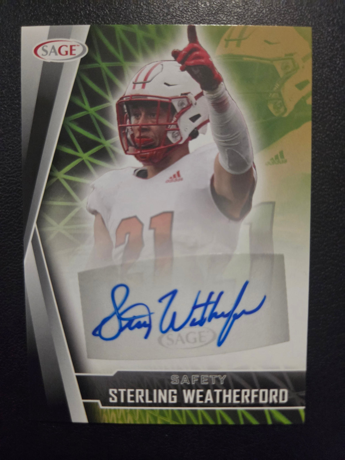 Front of 2022 SAGE Sterling Weatherford Gold A-SW autograph card featuring the Miami University Ohio safety.