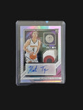 Front of 2023-24 Panini Recon Hunter Tyson Rookie Jersey Autographs #RJA-TYS numbered 26/99 with autograph and Denver Nuggets memorabilia swatch.