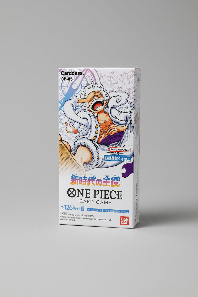 Front of Japanese ONE PIECE Card Game Awakening of the New Era OP-05 booster box featuring Gear 5 Monkey D. Luffy artwork and Carddass branding.