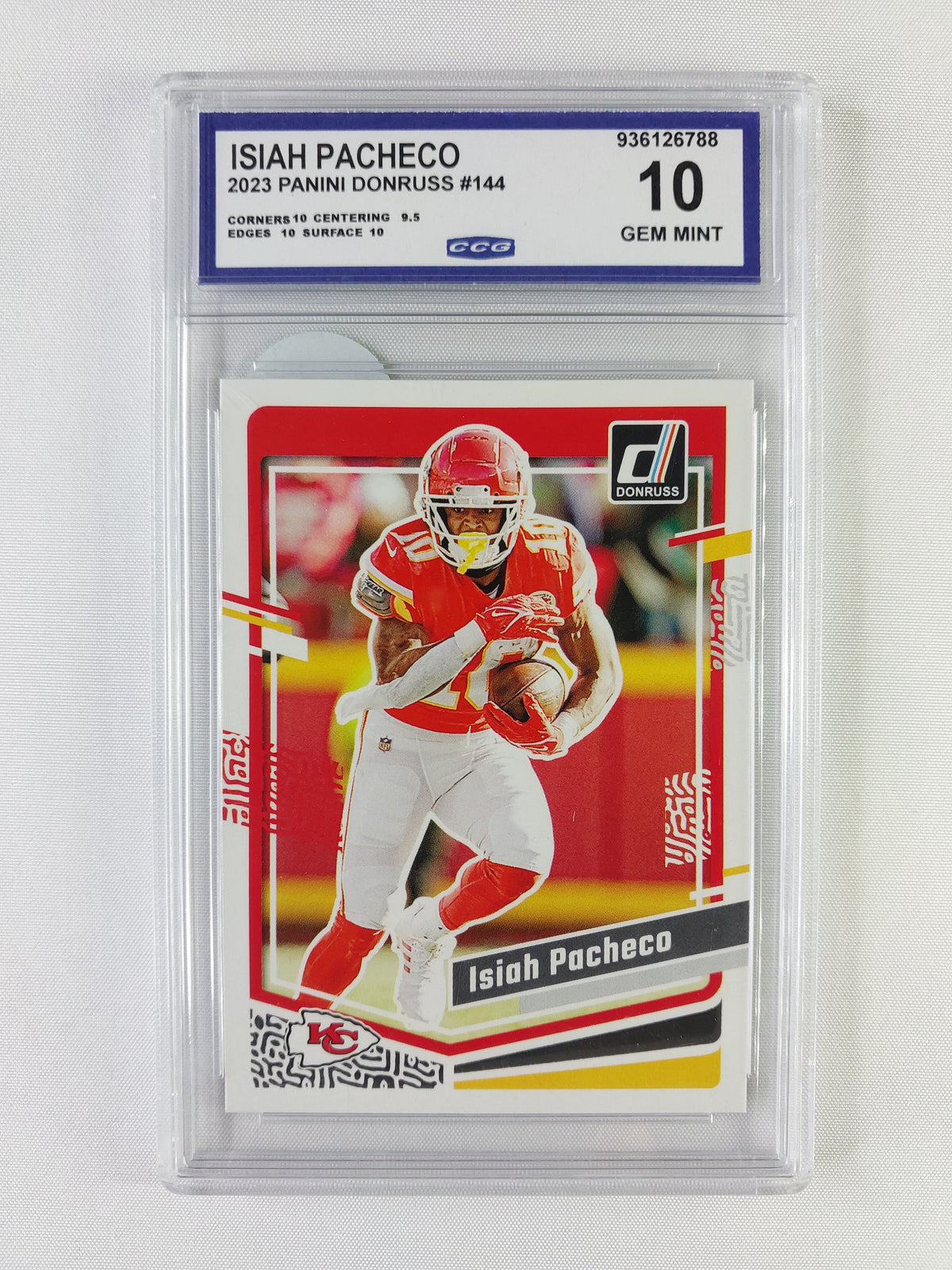 2023 Panini Donruss Isiah Pacheco #144 Kansas City Chiefs football card graded CCG Gem Mint 10 with 10 corners, edges and surface subgrades.