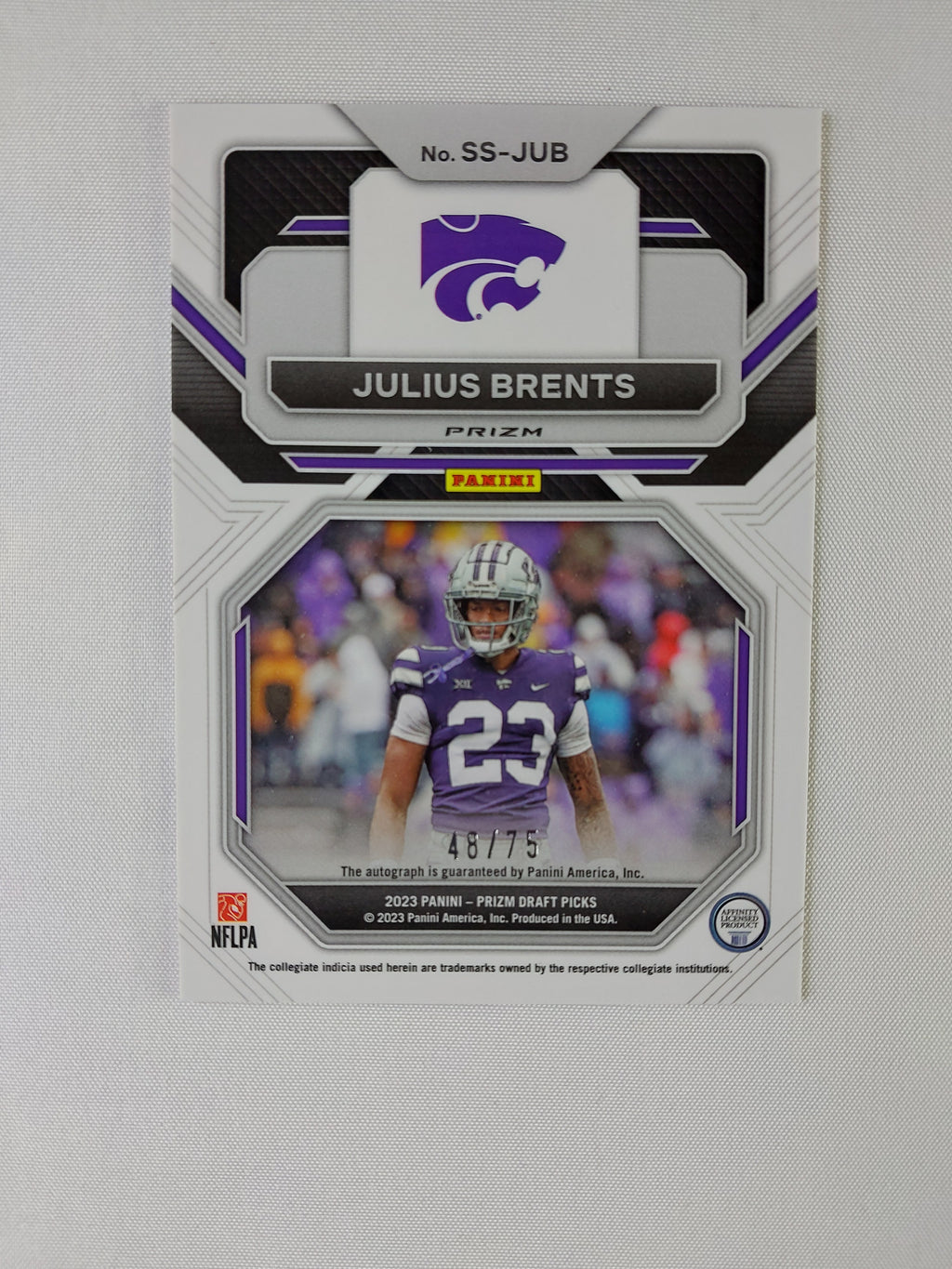 Back of 2023 Panini Prizm Draft Picks Julius Brents Sensational Signatures Orange Wave #SS-JUB showing serial number 48/75 and Panini autograph guarantee.
