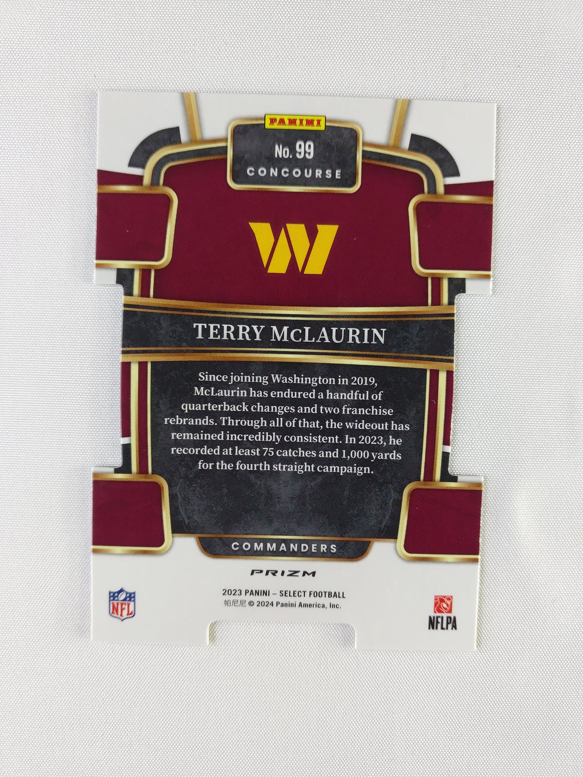 Back of 2023 Panini Select Terry McLaurin #99 Concourse Silver Prizm Washington Commanders football card.