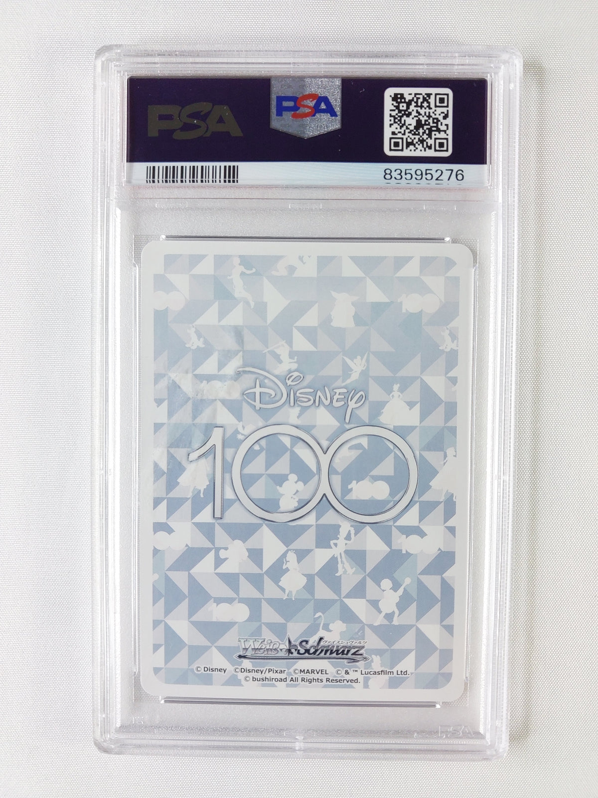 Back of 2023 Weiss Schwarz Japanese Disney 100 Funny Monsters Box Topper #112 PSA 10 showing the Disney 100 Years of Wonder anniversary design.