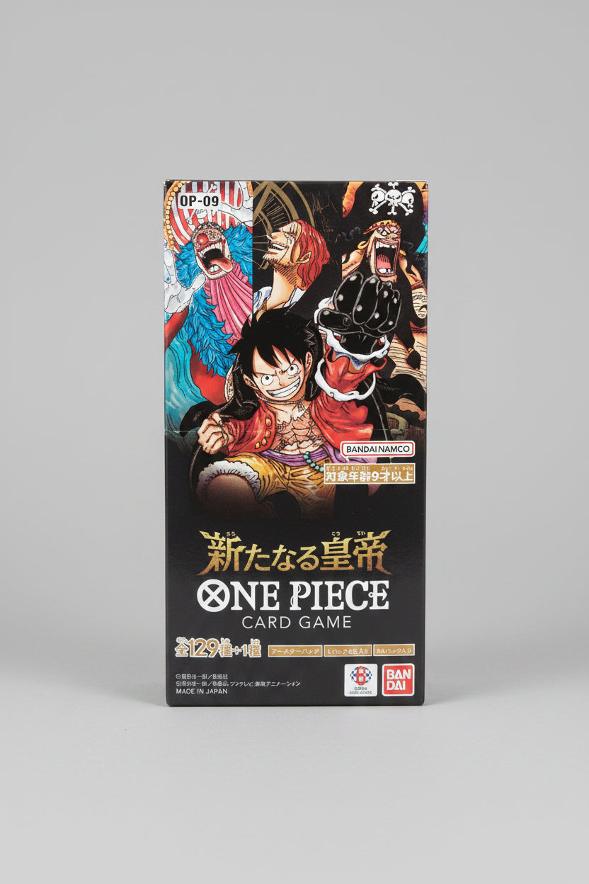 Front of Japanese ONE PIECE Card Game OP-09 Emperors in the New World booster box featuring Luffy, Shanks, Blackbeard and Buggy artwork.
