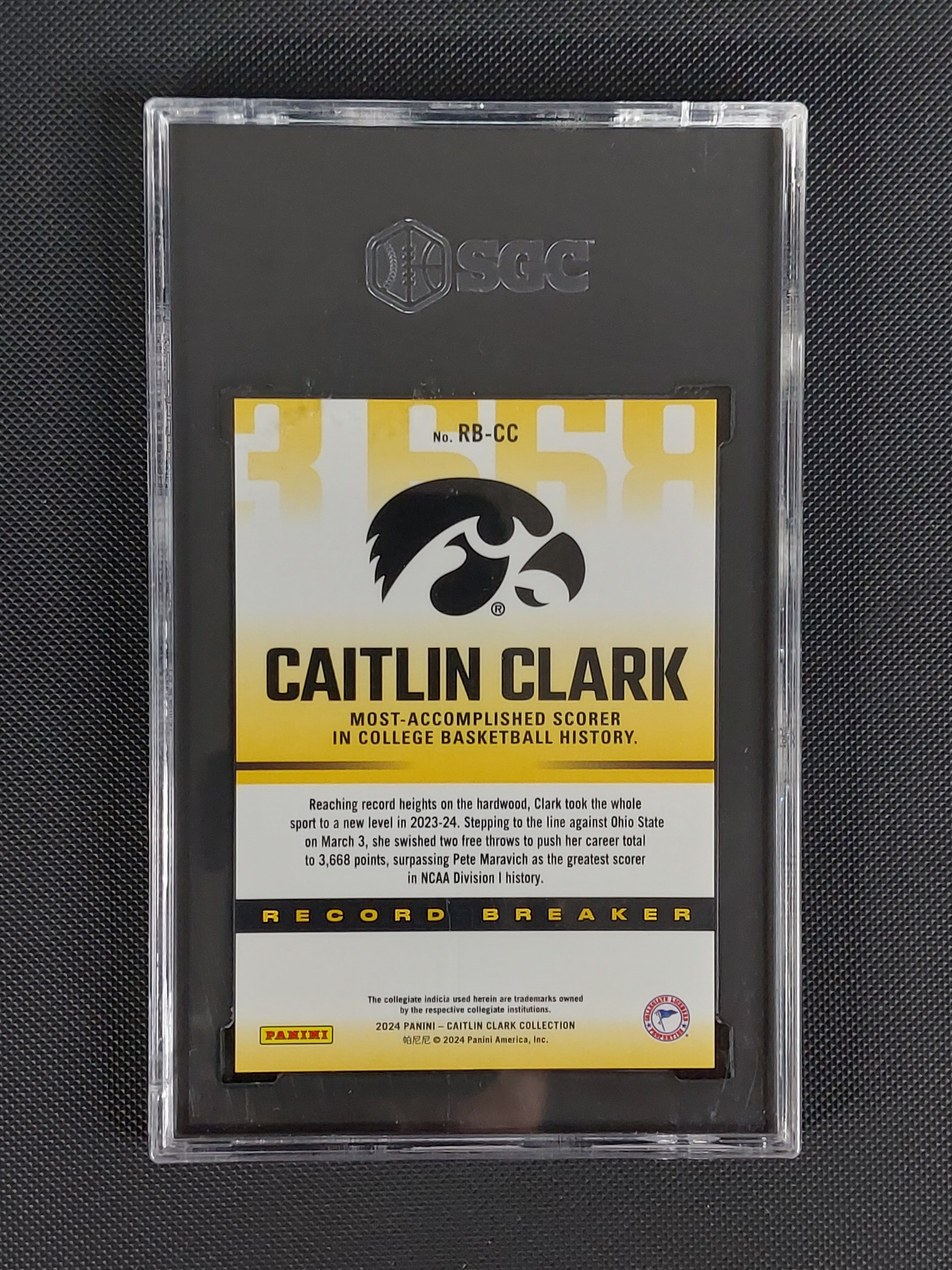 Back of 2024 Panini Caitlin Clark Record Breaker #RB-CC SGC 10 graded basketball card