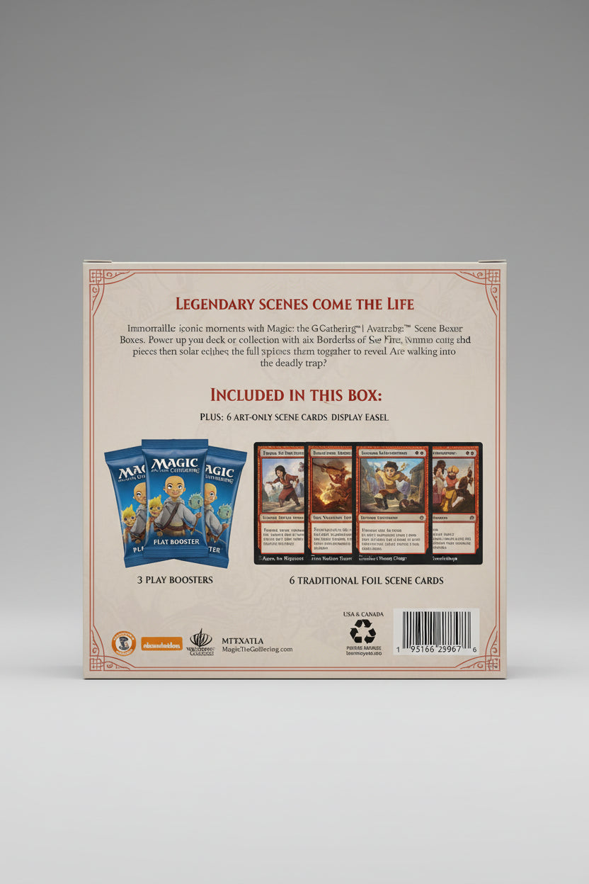 Back of sealed MTG Avatar The Last Airbender Black Sun Invasion Scene Box showing the six foil scene cards, three Play Boosters, art cards and display easel.