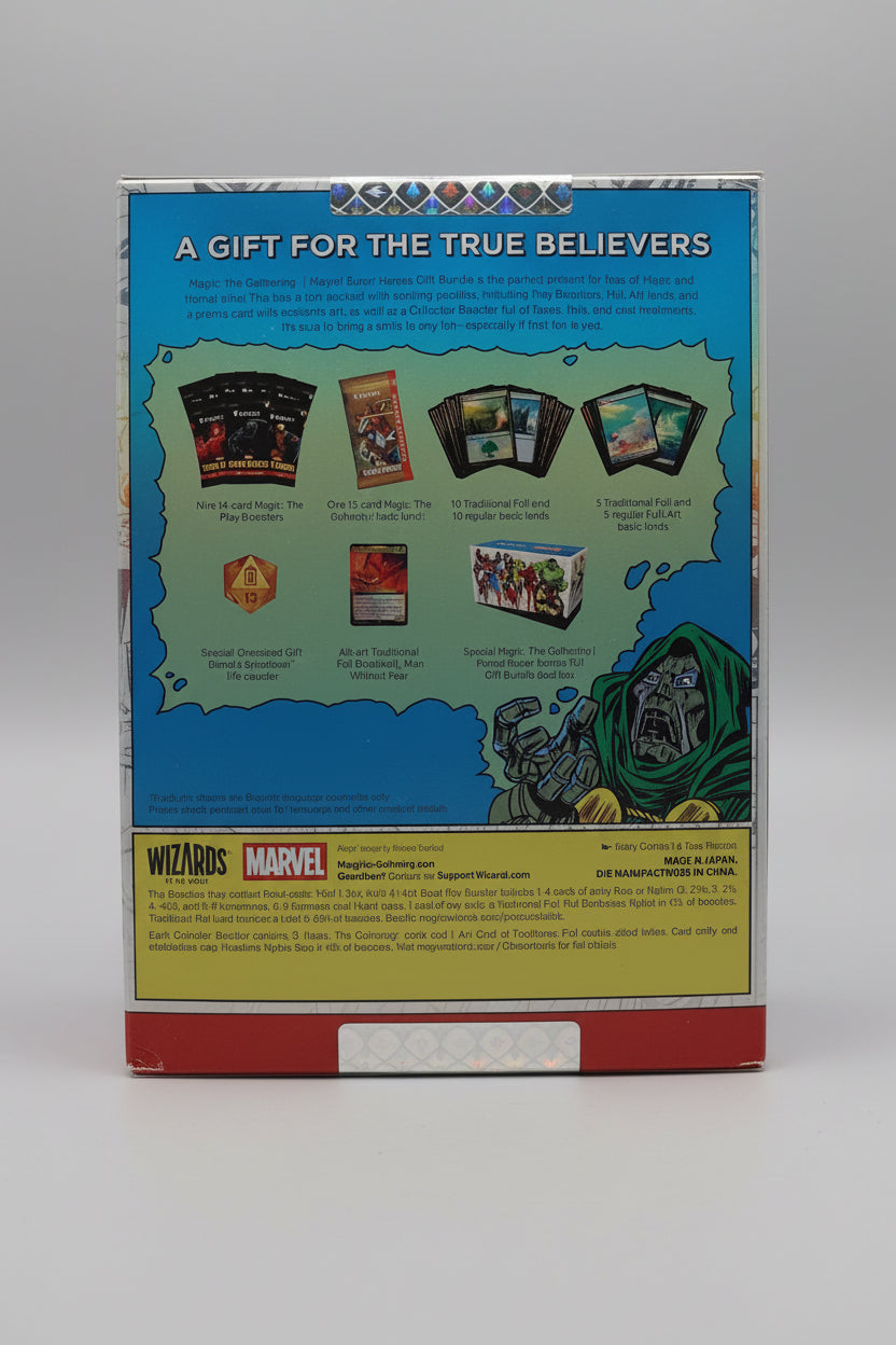 Back of sealed Magic The Gathering Marvel Spider Man Gift Bundle showing 9 Play Boosters, Collector Booster, foil lands, Spindown counter and included accessories.