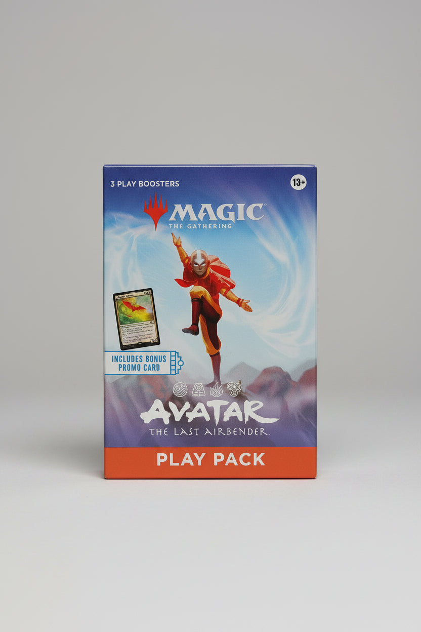 Front of sealed 2025 Magic The Gathering Avatar The Last Airbender Play Pack showing Aang artwork, 3 Play Boosters and bonus promo card notice.