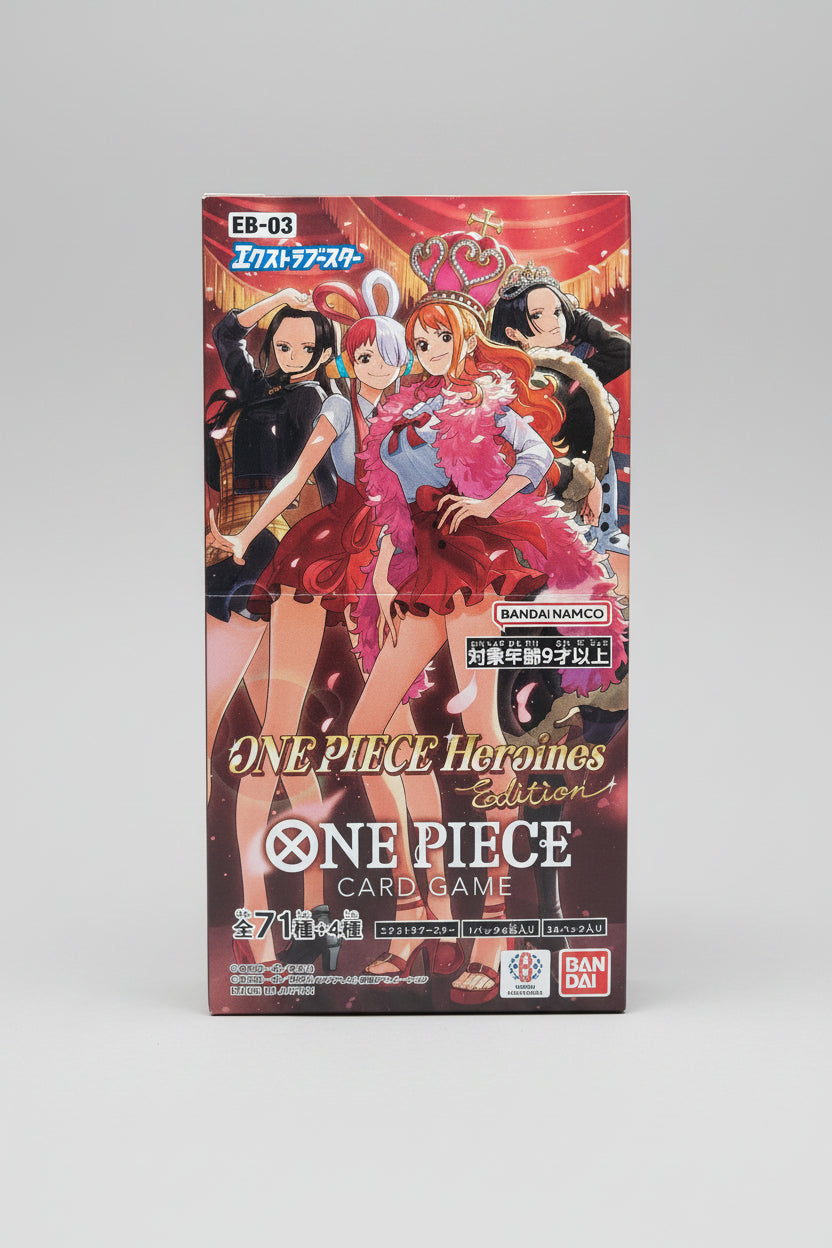 Front of Japanese ONE PIECE Card Game Heroines Edition EB-03 booster box featuring Nami, Uta, Perona and Boa Hancock artwork.
