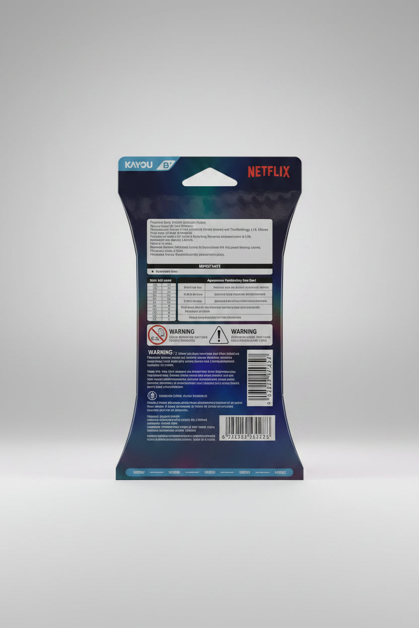 Back of KAYOU KPop Demon Hunters Energy Edition Series 01 booster pack showing rarity information, production date, product details and UPC barcode.