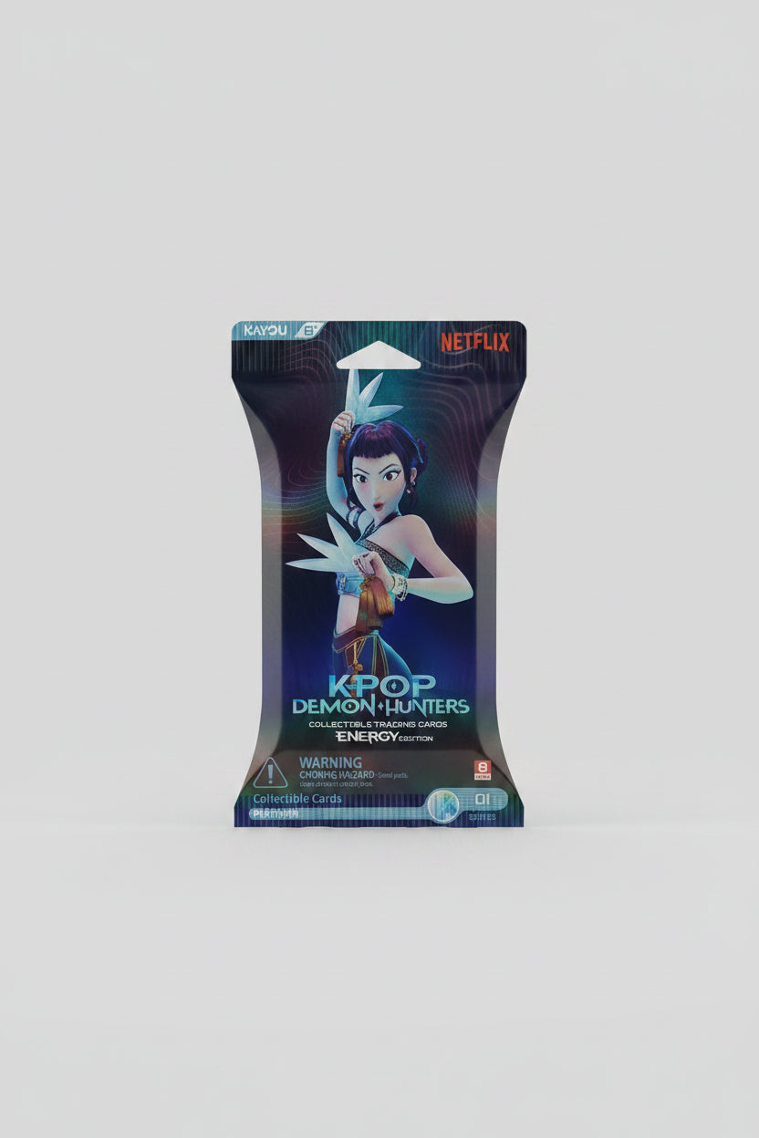 Front of sealed 2026 KAYOU KPop Demon Hunters Energy Edition Series 01 booster pack showing Netflix branding, character artwork and 8 card pack marking.