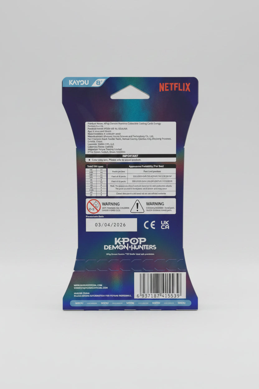 Back of KAYOU KPop Demon Hunters Energy Edition Series 1 booster pack showing rarity information, production date, product specifications and barcode.