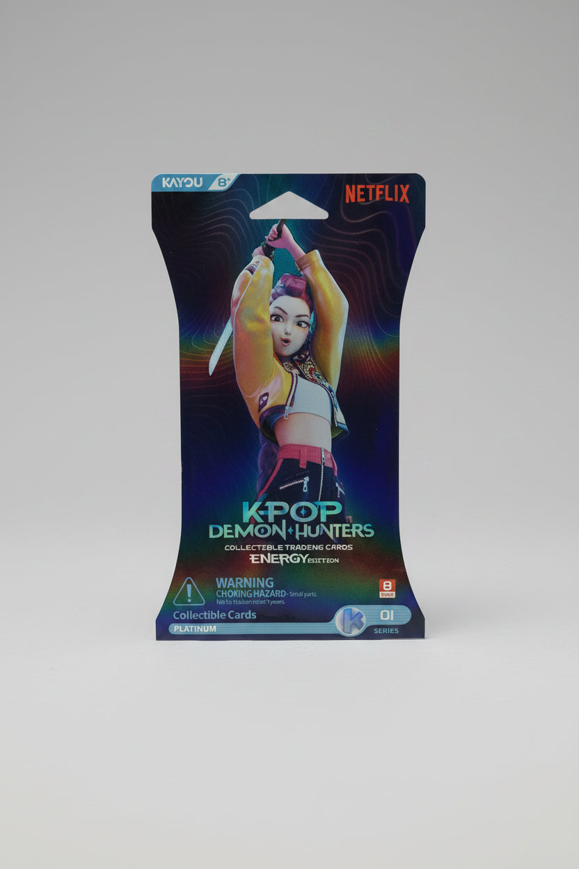 Front of sealed 2026 KAYOU KPop Demon Hunters Energy Edition Series 1 booster pack featuring Mira artwork and 8-card pack marking.