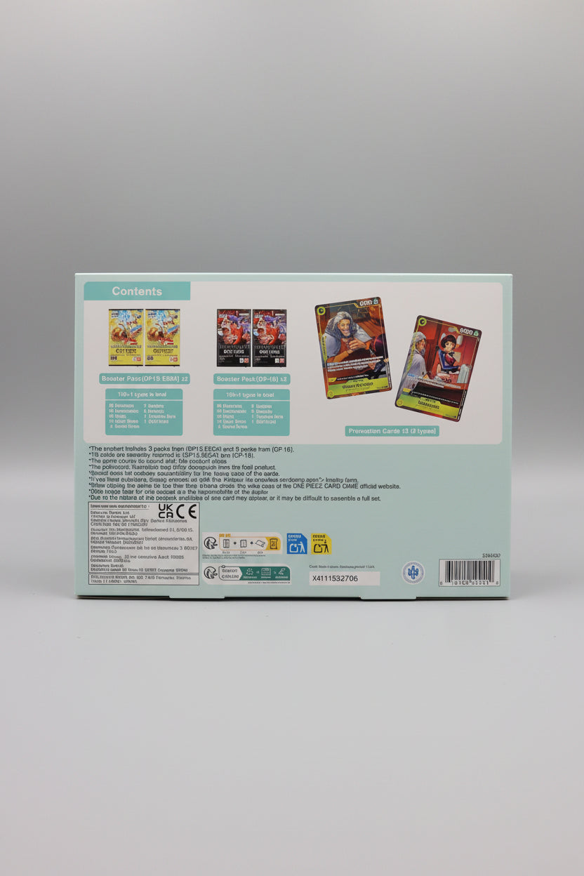 Back of ONE PIECE Illustration Box Vol. 7 showing two OP15-EB04 packs, two OP-16 packs, Silvers Rayleigh and Shakuyaku promotional cards and product information.