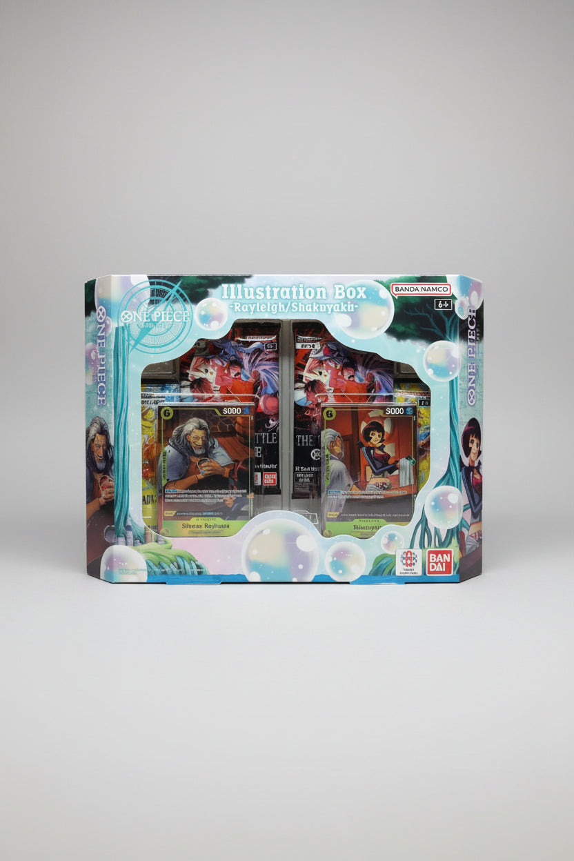 Front of 2026 ONE PIECE Card Game Illustration Box Vol. 7 featuring Silvers Rayleigh and Shakuyaku promo cards with booster packs visible inside.