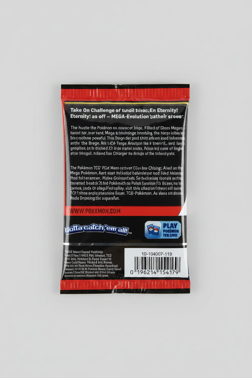 Back of Pokémon TCG Mega Evolution Chaos Rising sleeved booster pack showing product description, Pokémon TCG Live information and barcode.