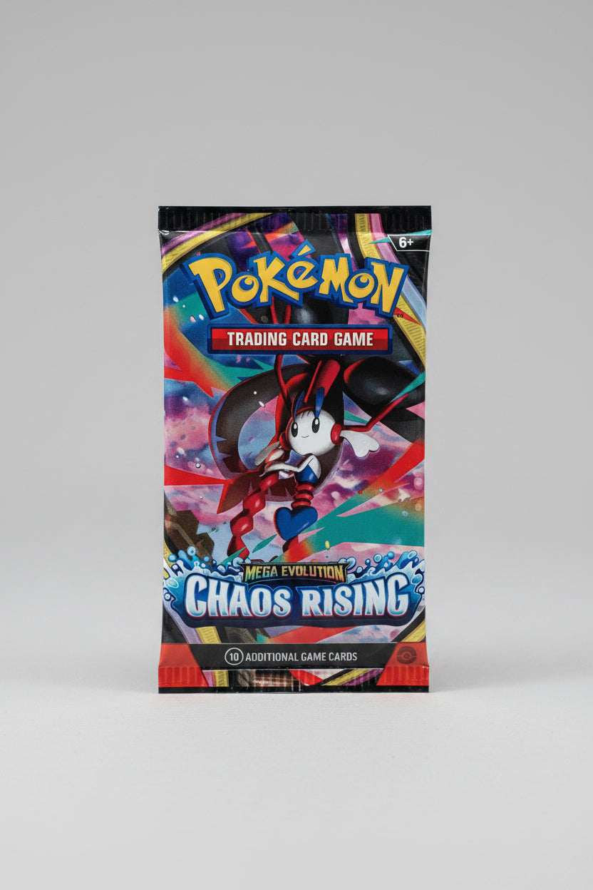 Front of 2026 Pokémon TCG Mega Evolution Chaos Rising sleeved booster pack featuring Mega Greninja artwork and 10 additional game cards marking.