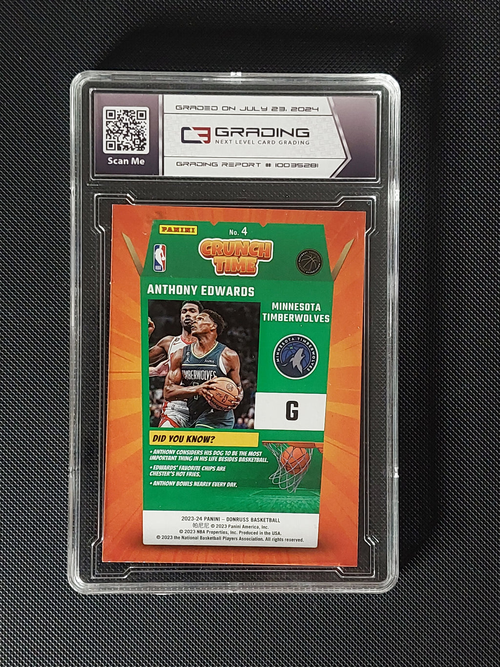 Back of 2023-24 Panini Donruss Anthony Edwards Crunch Time #4 Diamond C3 Mint 9 showing Timberwolves card design and grading label.