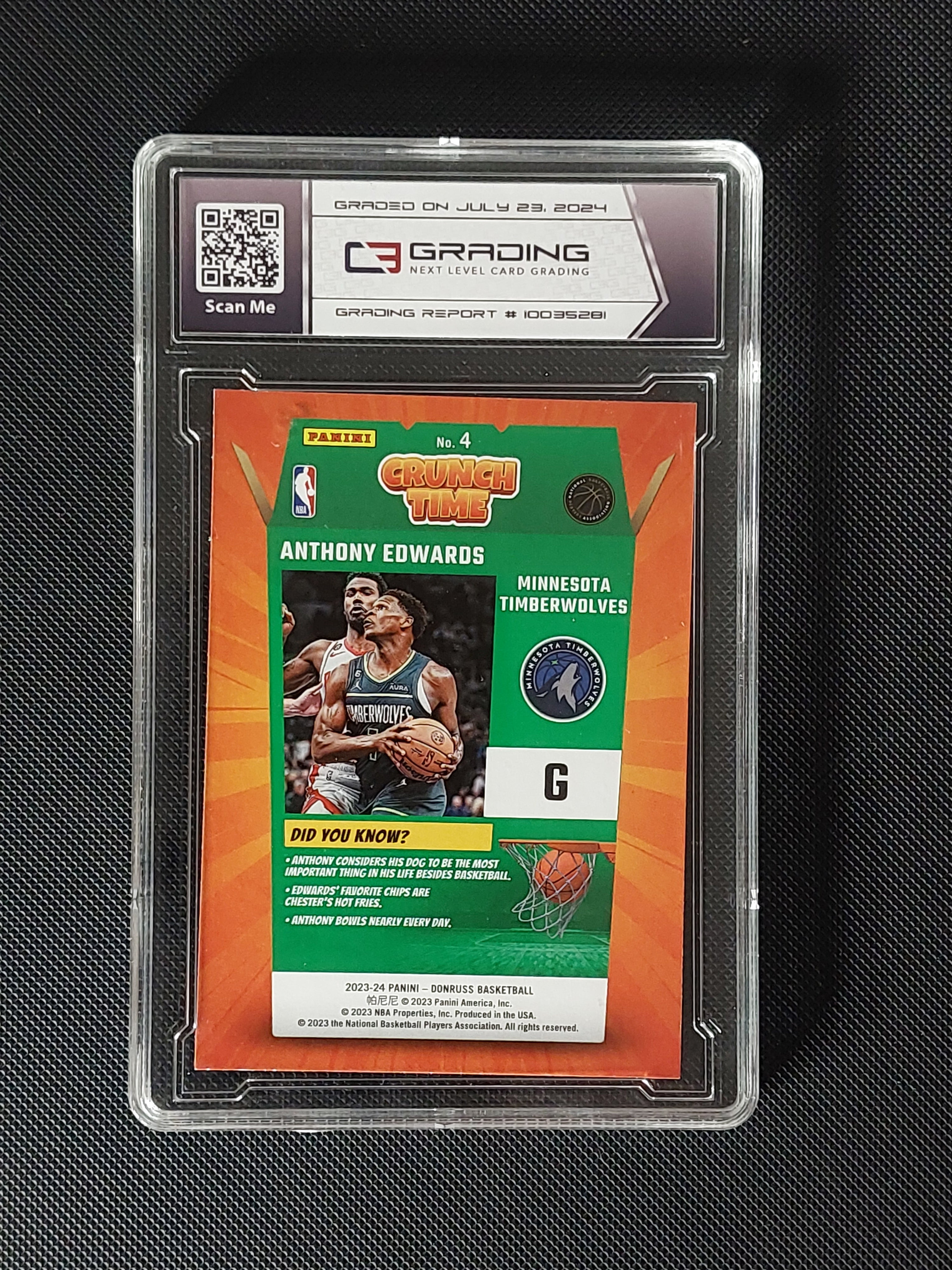 Back of 2023-24 Panini Donruss Anthony Edwards Crunch Time #4 Diamond C3 Mint 9 showing Timberwolves card design and grading label.