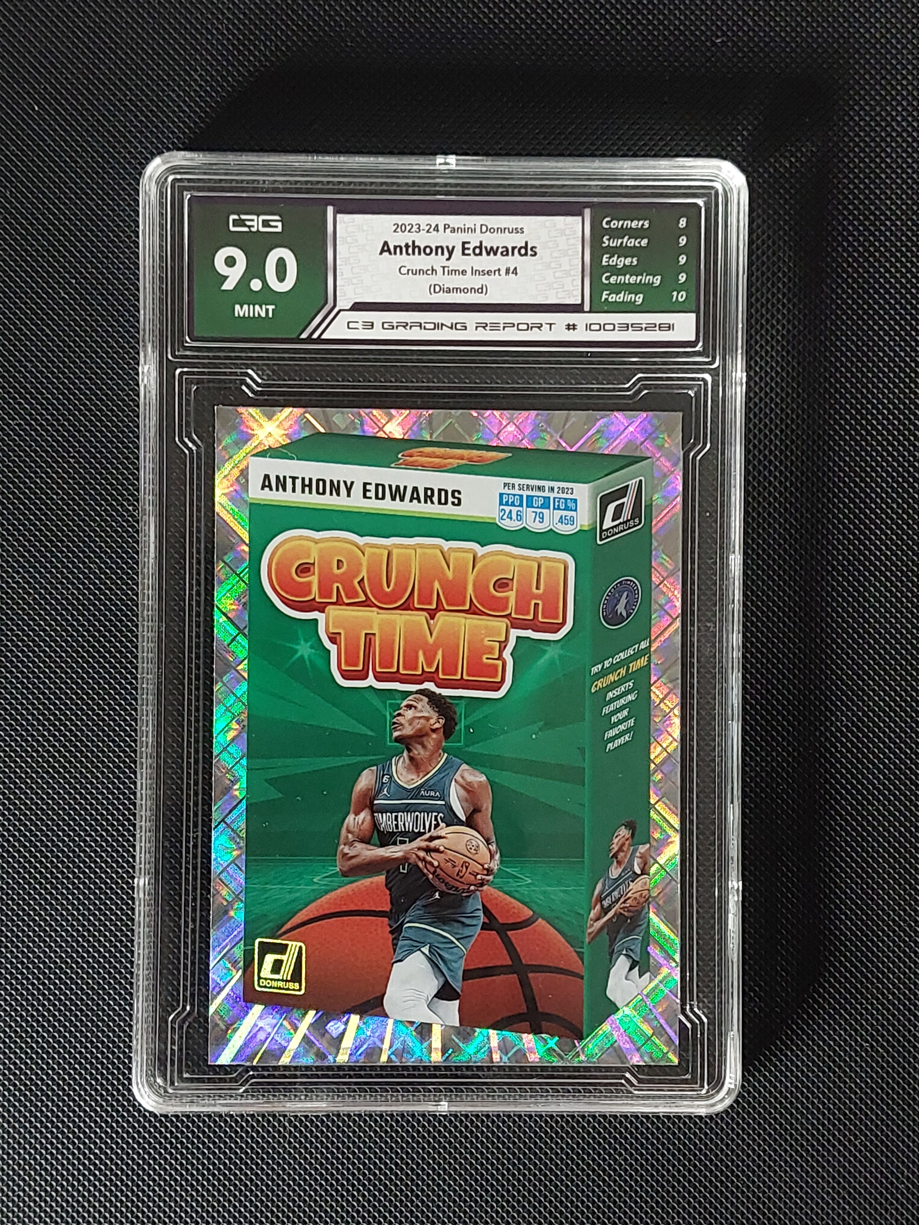 Front of 2023-24 Panini Donruss Anthony Edwards Crunch Time #4 Diamond parallel graded C3 Mint 9