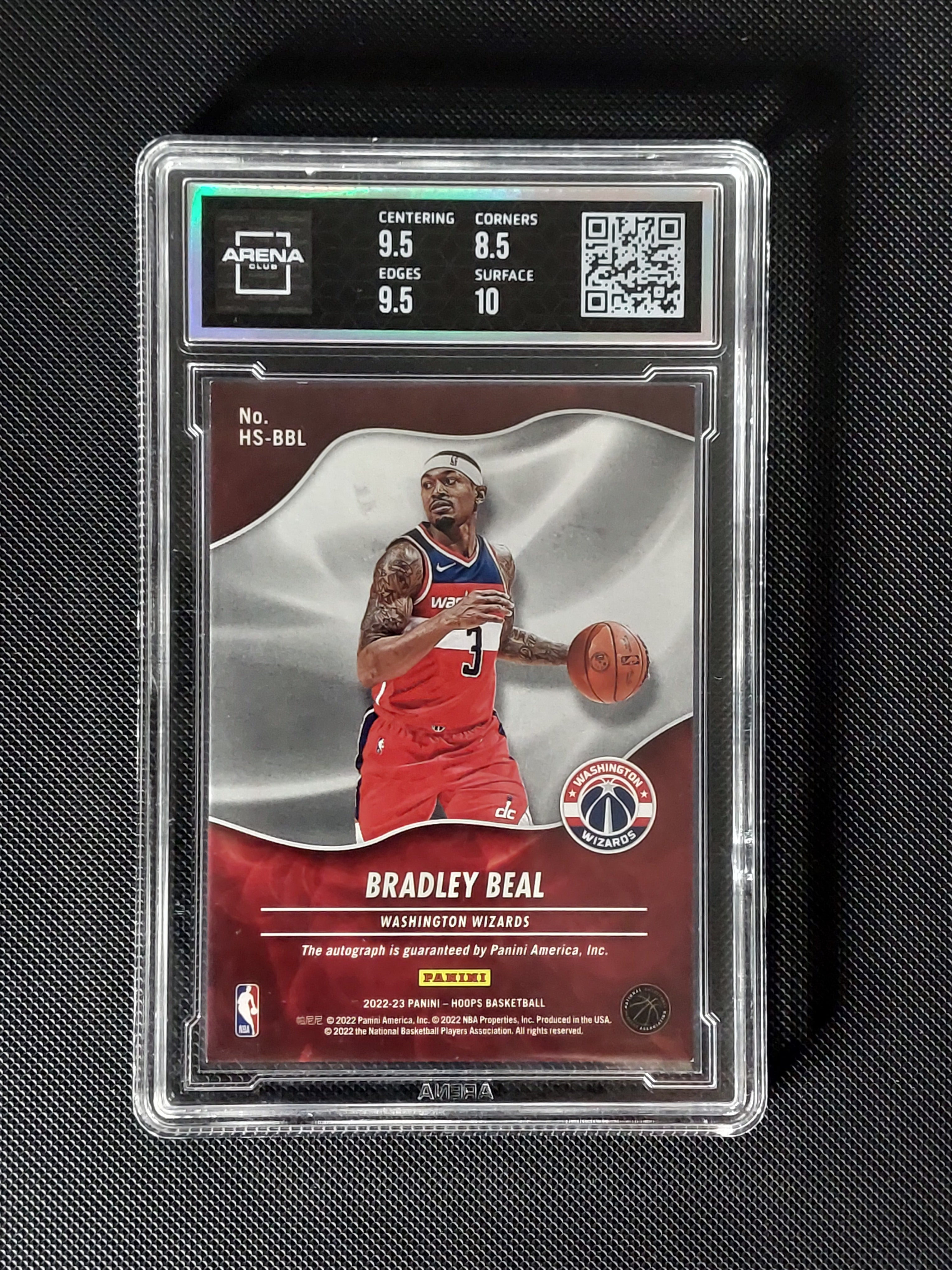 Back of Bradley Beal Hot Signatures HS-BBL Arena Club graded card showing Wizards artwork and visible subgrades.
