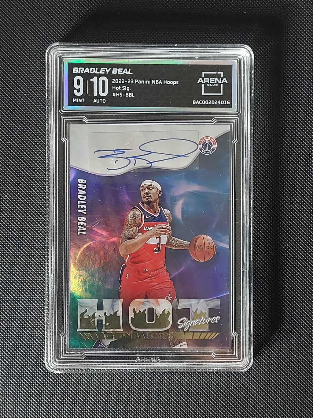 Front of 2022-23 Panini NBA Hoops Bradley Beal Hot Signatures autograph graded Arena Club Mint 9 with Auto 10