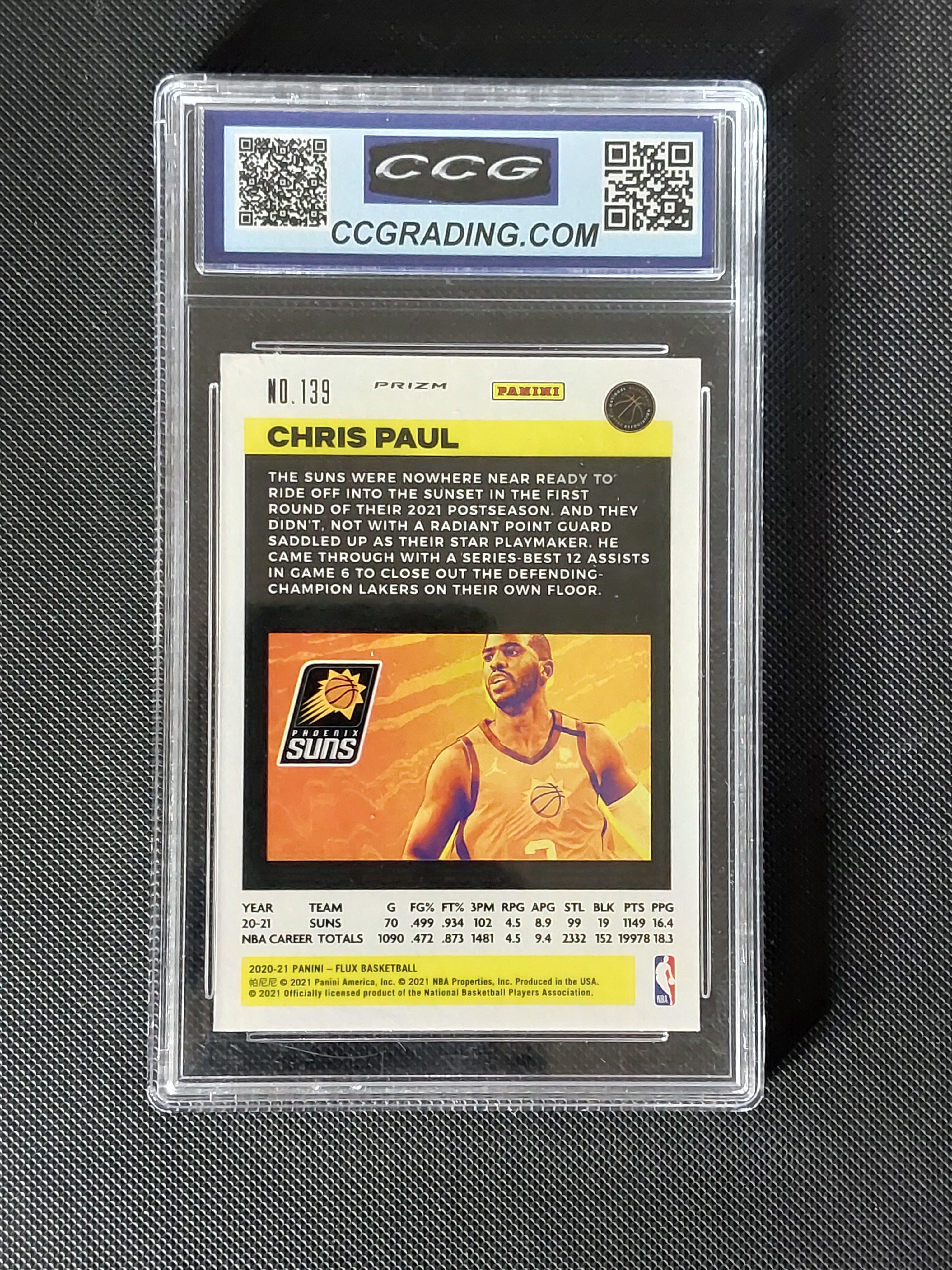Back of 2020-21 Panini Flux Chris Paul #139 Silver Pulsar Prizm CCG Gem Mint 10 showing Phoenix Suns card information.