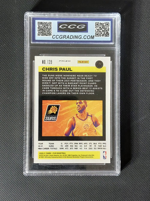 Back of 2020-21 Panini Flux Chris Paul #139 Silver Pulsar Prizm CCG Gem Mint 10 showing Phoenix Suns card information.