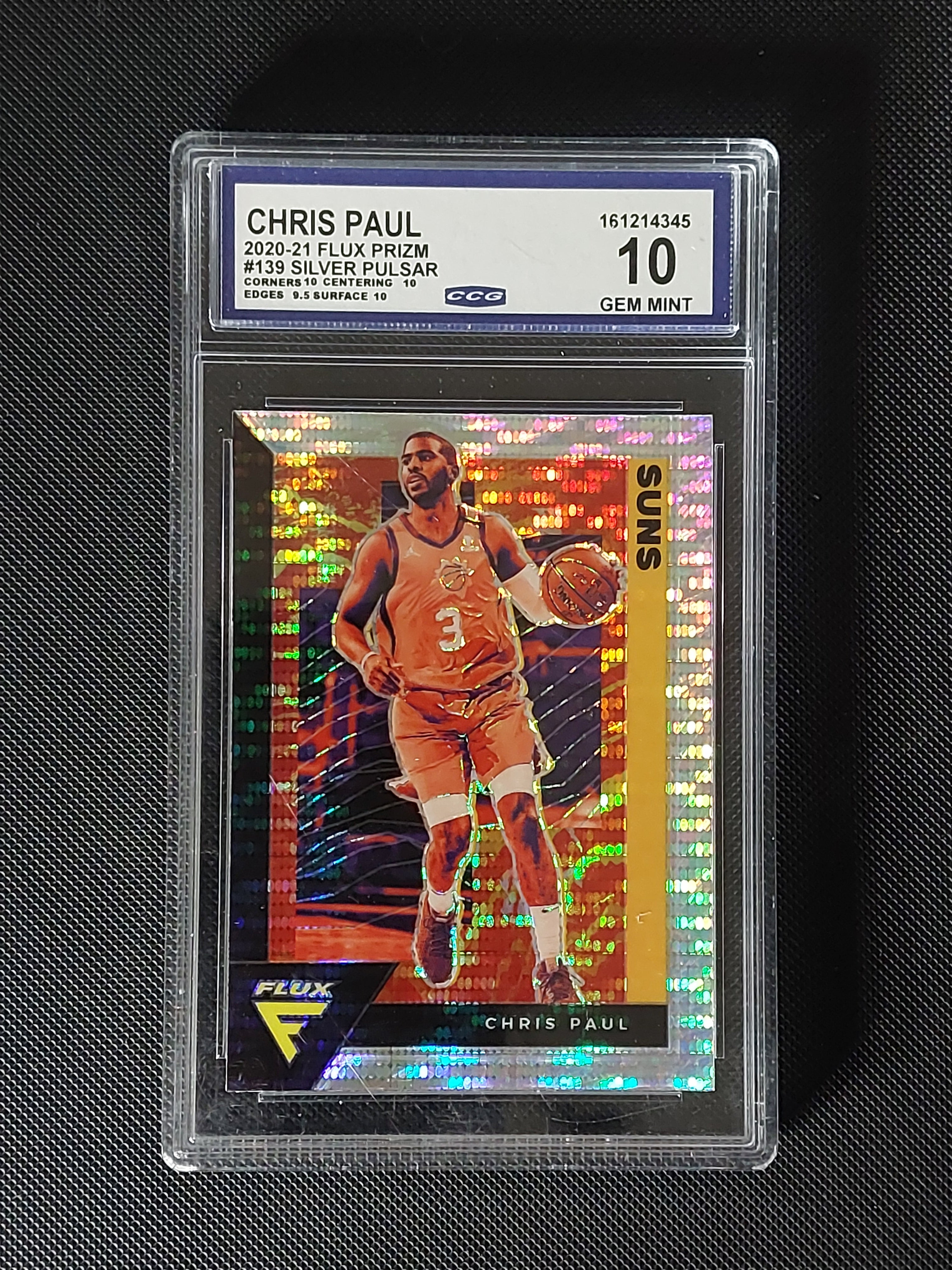 Front of 2020-21 Panini Flux Chris Paul #139 Silver Pulsar Prizm graded CCG Gem Mint 10 with visible subgrades