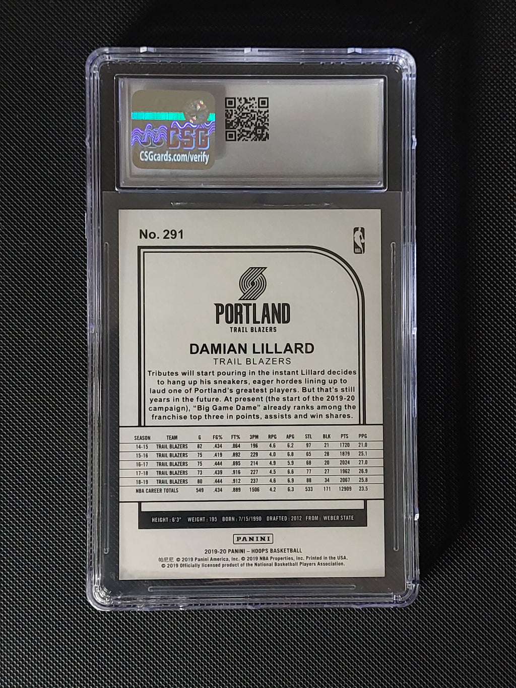 Back of 2019-20 Panini NBA Hoops Damian Lillard #291 Green /99 CSG 8.5 showing Portland Trail Blazers card information.