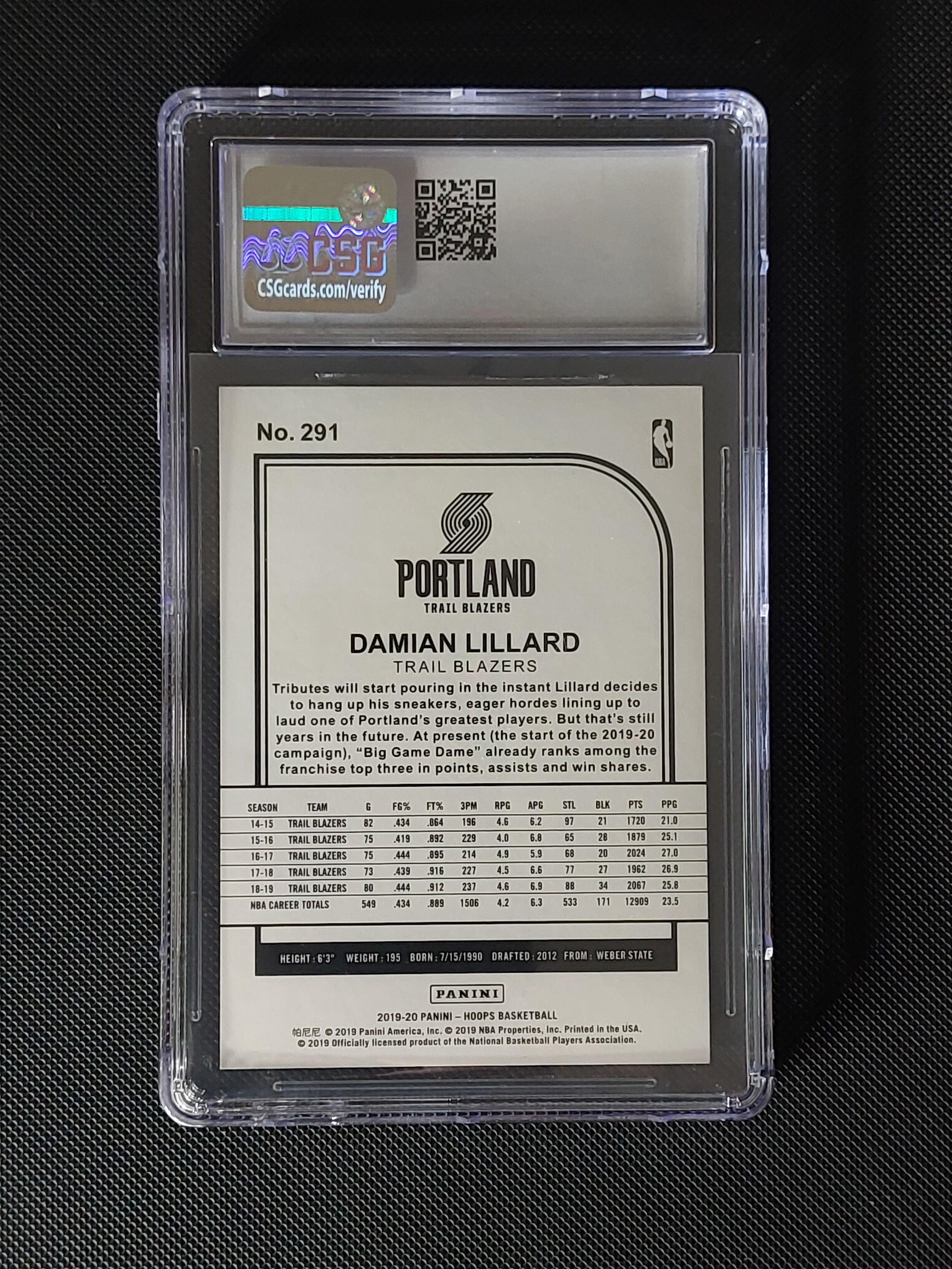 Back of 2019-20 Panini NBA Hoops Damian Lillard #291 Green /99 CSG 8.5 showing Portland Trail Blazers card information.