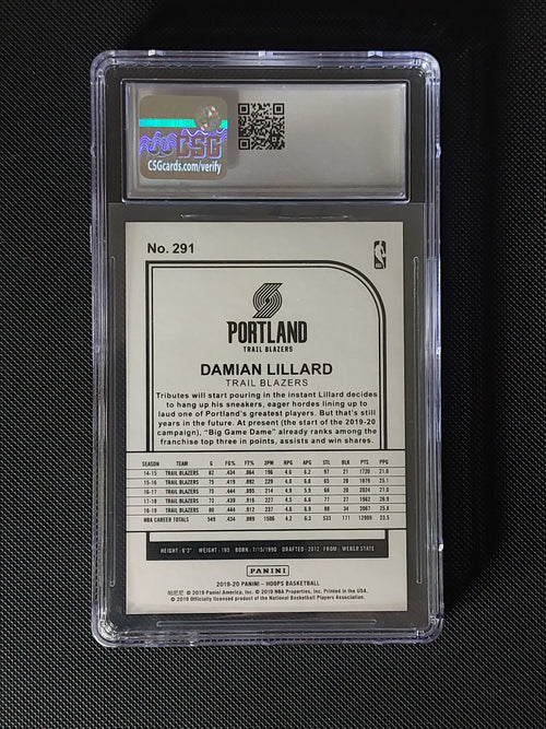 Back of 2019-20 Panini NBA Hoops Damian Lillard #291 Green /99 CSG 8.5 showing Portland Trail Blazers card information.