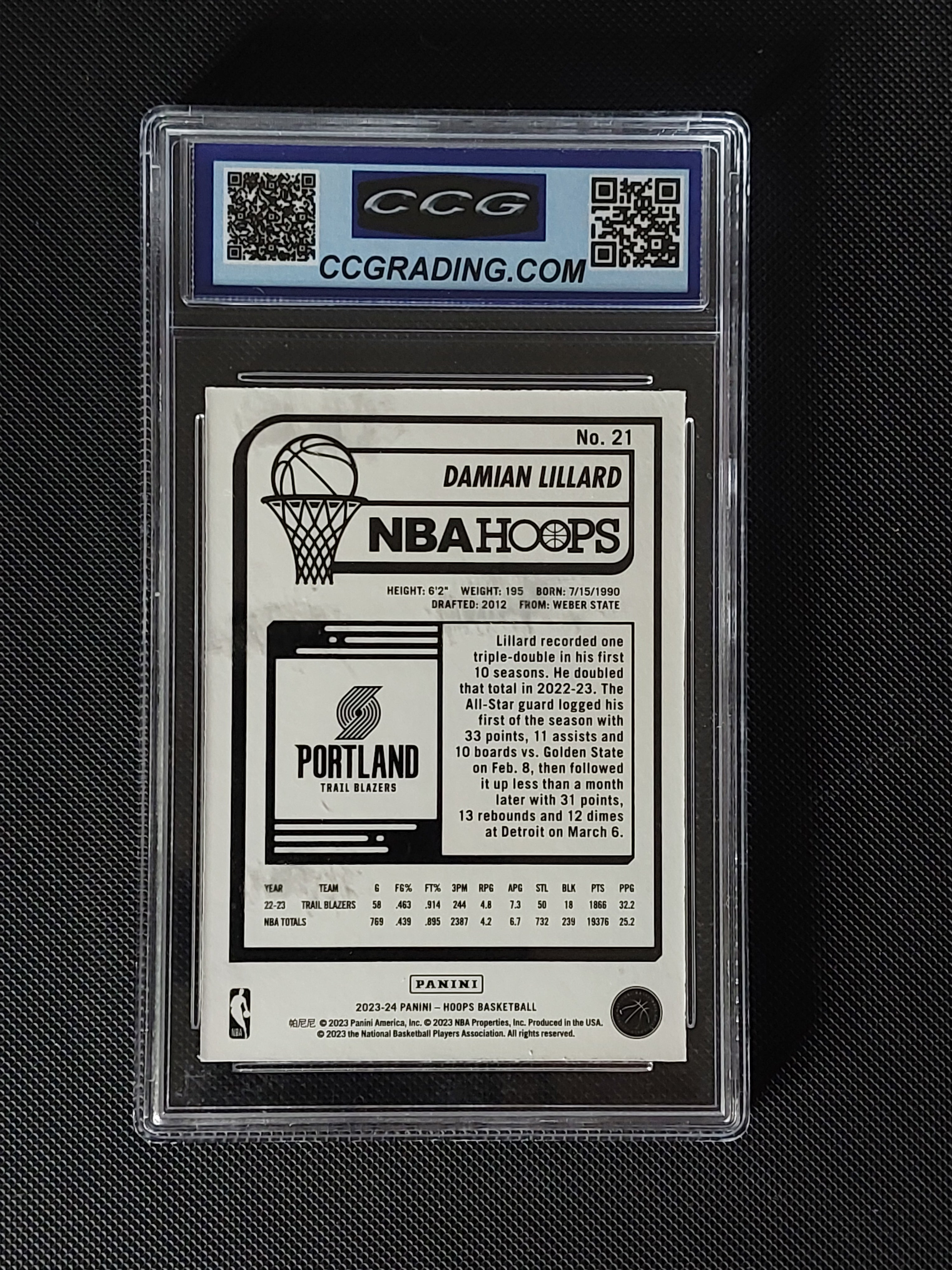 Back of 2023-24 Panini NBA Hoops Damian Lillard #21 Premium Box Set /199 CCG Gem Mint 10 showing Portland Trail Blazers card information.