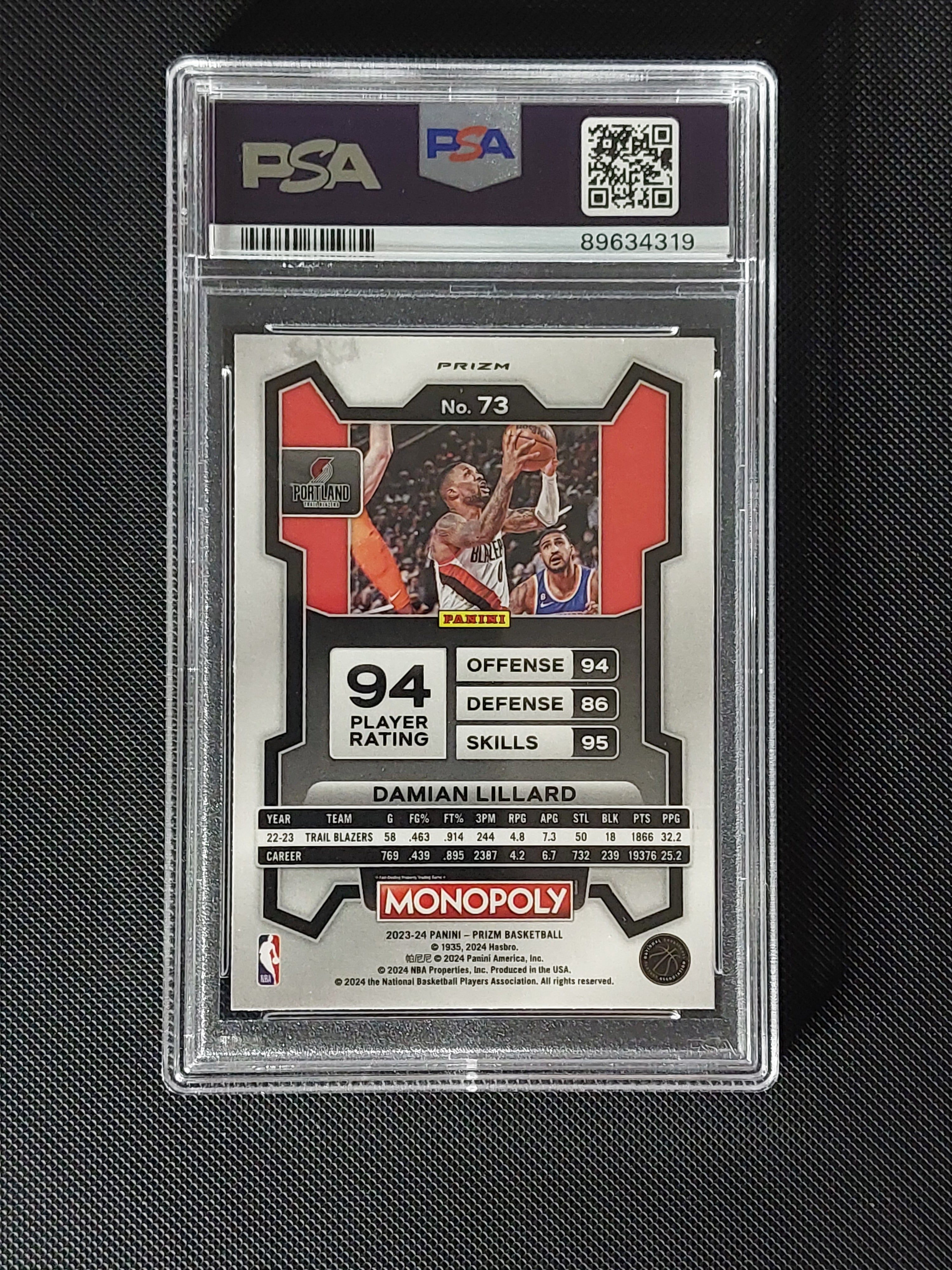 Back of 2023-24 Panini Prizm Monopoly Damian Lillard #73 Purple Prizm PSA 10 showing Trail Blazers card details.