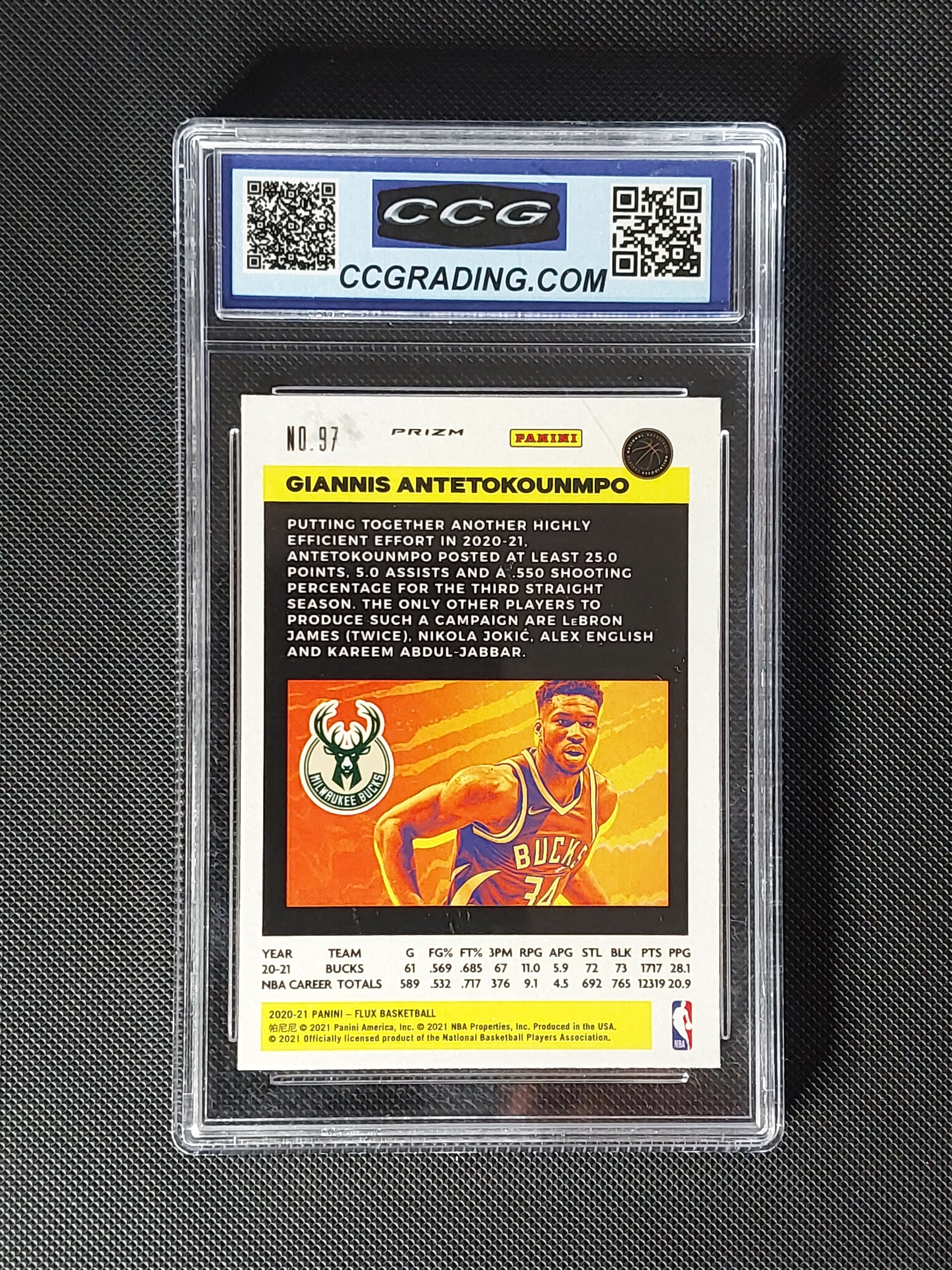 Back of 2020-21 Panini Flux Giannis Antetokounmpo #97 Silver Pulsar Prizm CCG Gem Mint 10 Milwaukee Bucks card