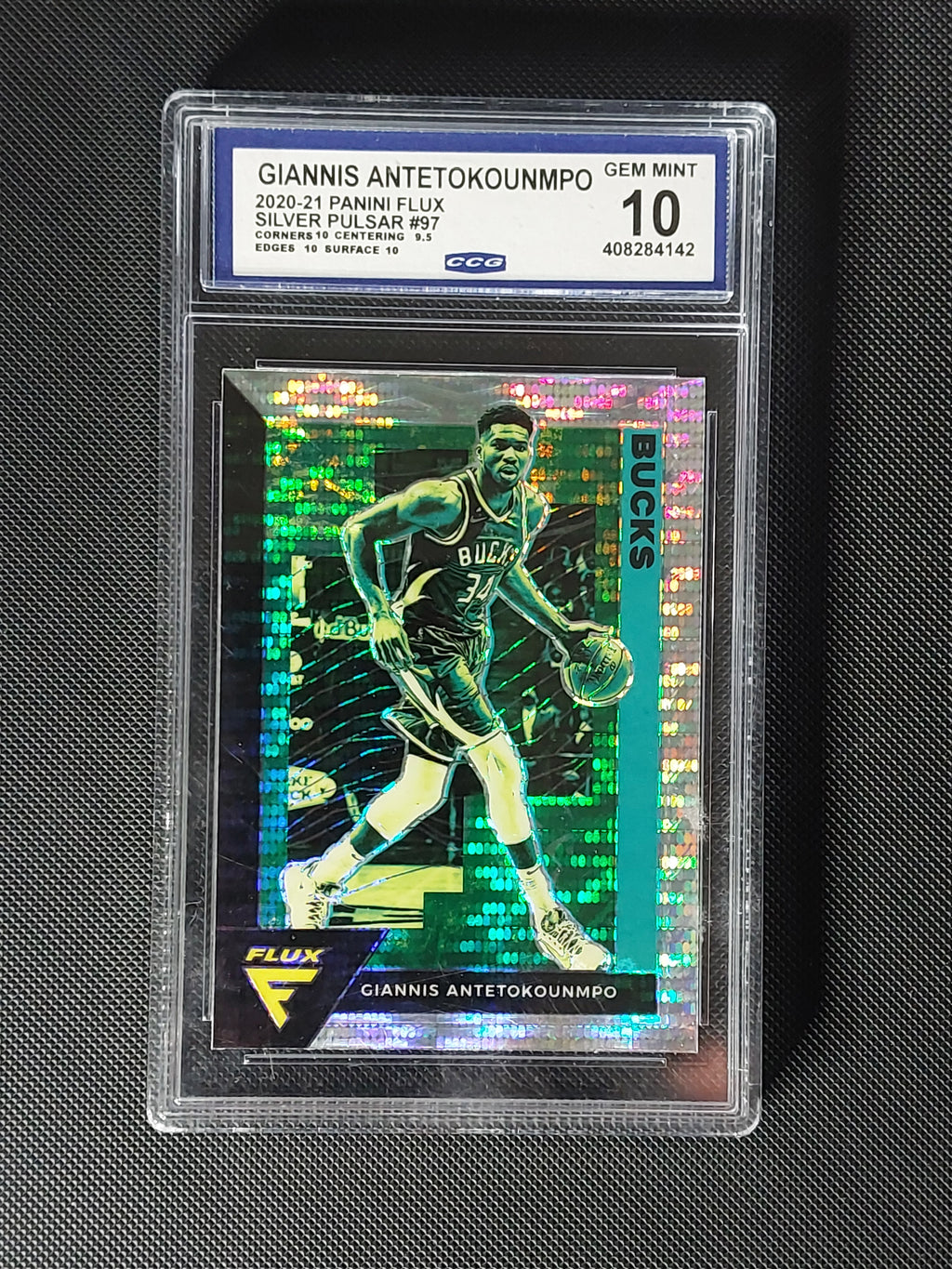 Front of 2020-21 Panini Flux Giannis Antetokounmpo #97 Silver Pulsar Prizm graded CCG Gem Mint 10