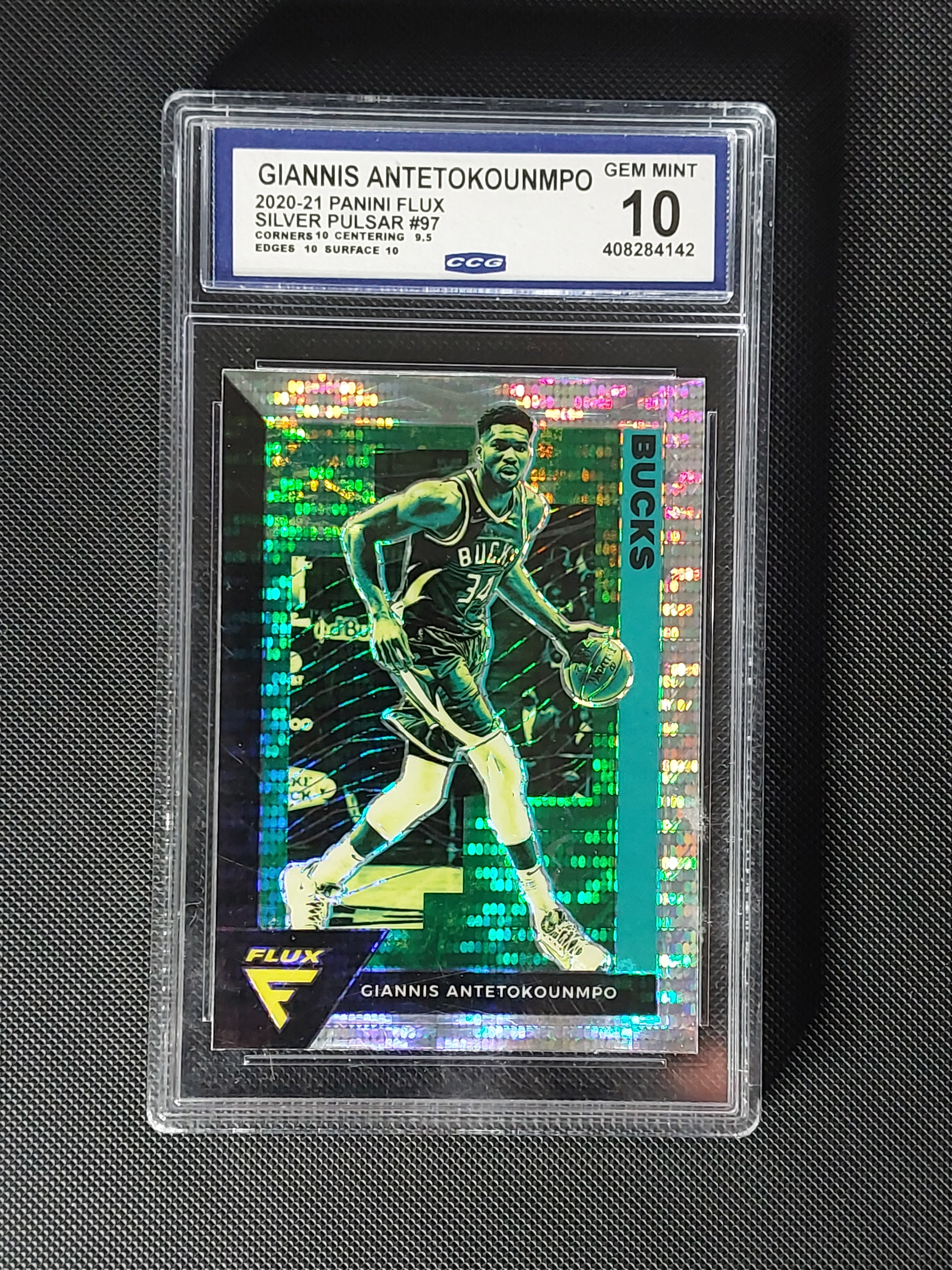 Front of 2020-21 Panini Flux Giannis Antetokounmpo #97 Silver Pulsar Prizm graded CCG Gem Mint 10
