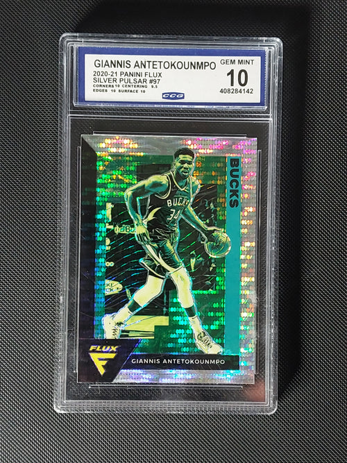 Front of 2020-21 Panini Flux Giannis Antetokounmpo #97 Silver Pulsar Prizm graded CCG Gem Mint 10
