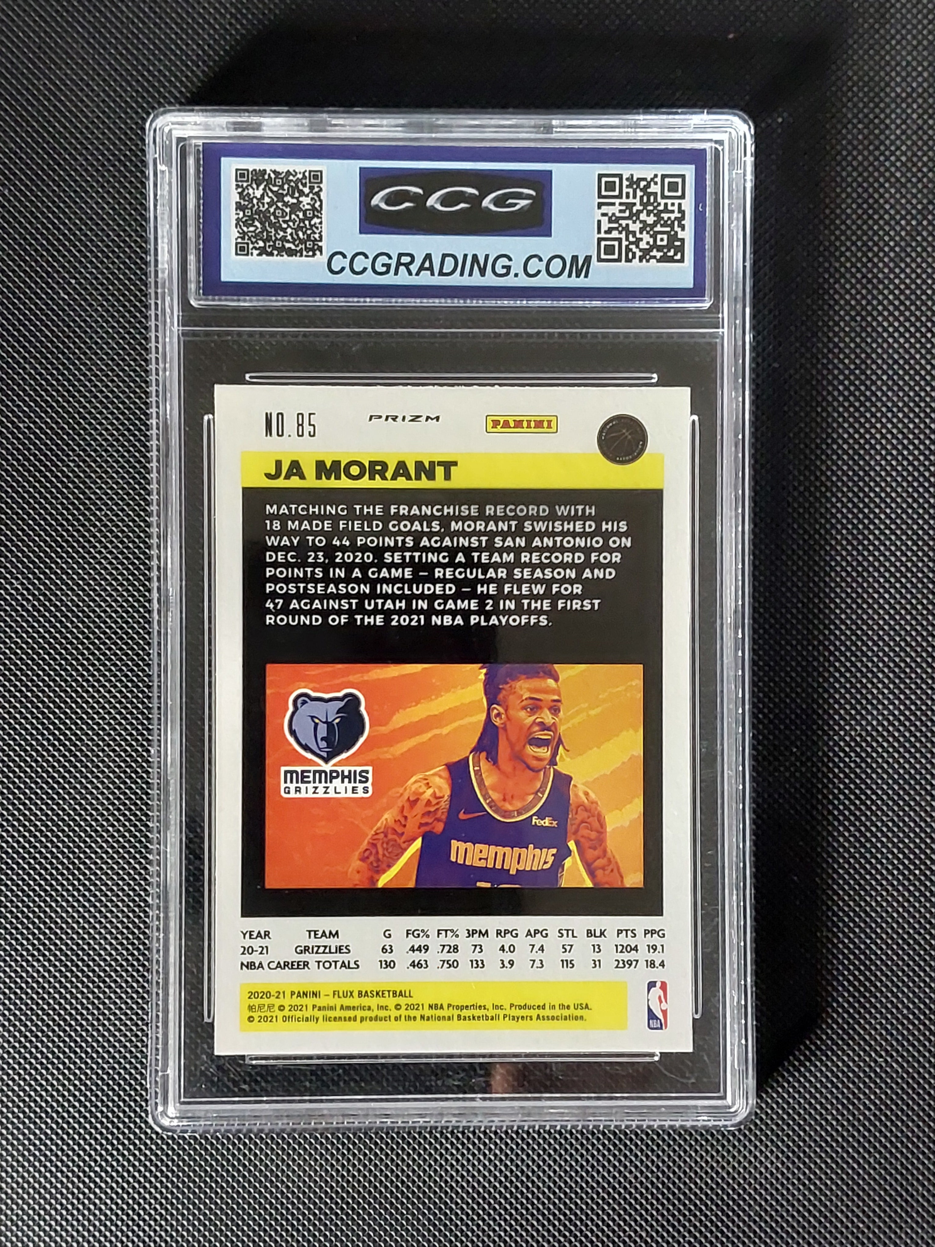 Back of 2020-21 Panini Flux Ja Morant #85 Silver Pulsar Prizm CCG Gem Mint 10 showing Memphis Grizzlies card information.
