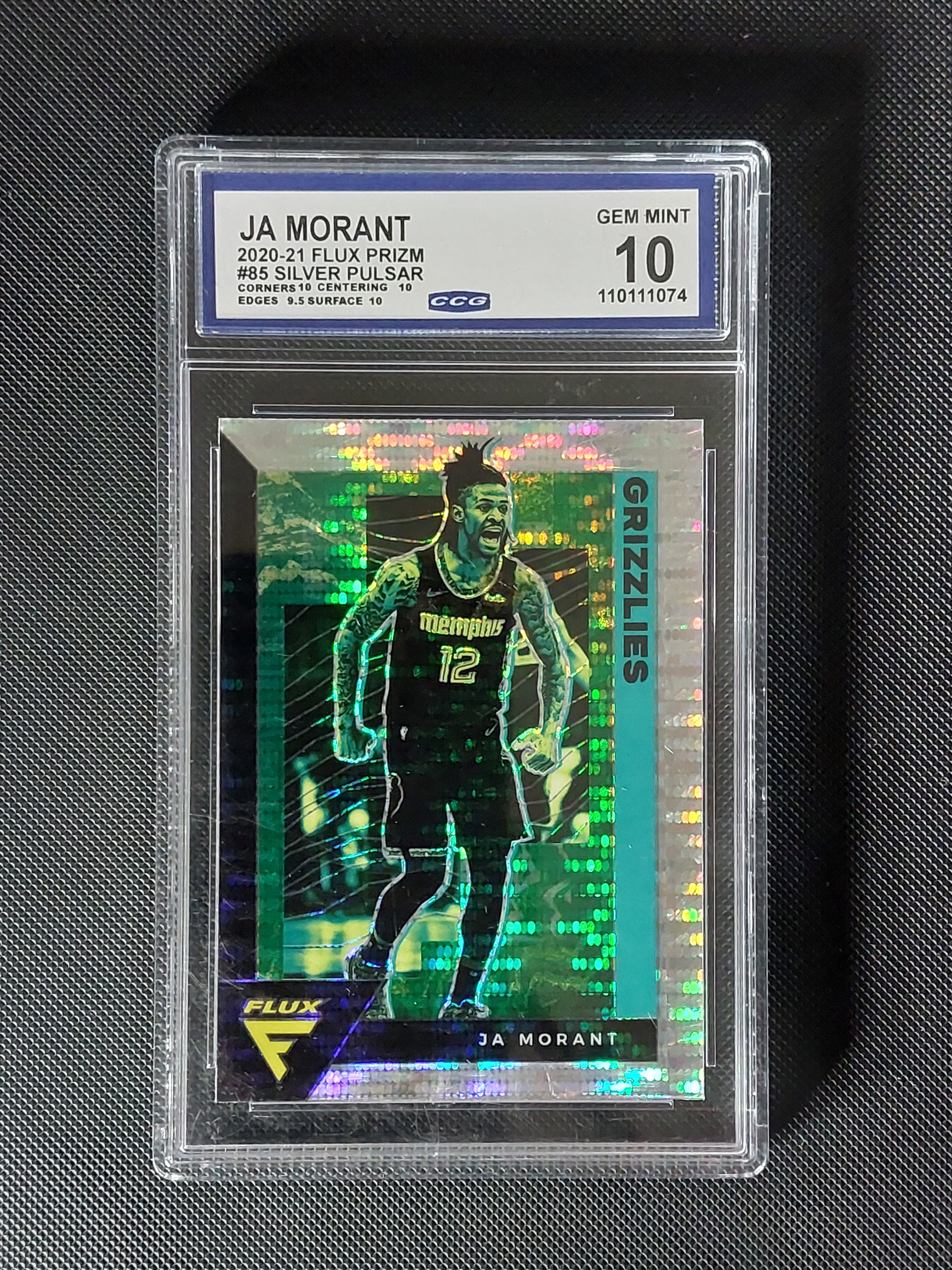 Front of 2020-21 Panini Flux Ja Morant #85 Silver Pulsar Prizm graded CCG Gem Mint 10 with visible subgrades