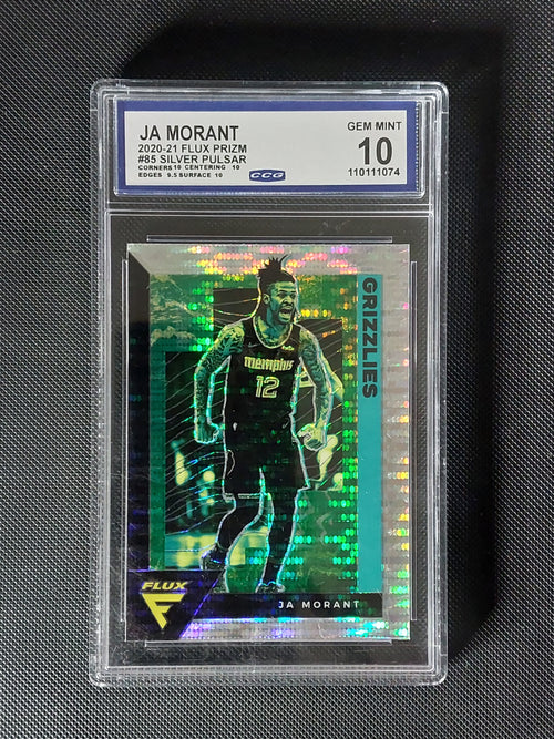 Front of 2020-21 Panini Flux Ja Morant #85 Silver Pulsar Prizm graded CCG Gem Mint 10 with visible subgrades