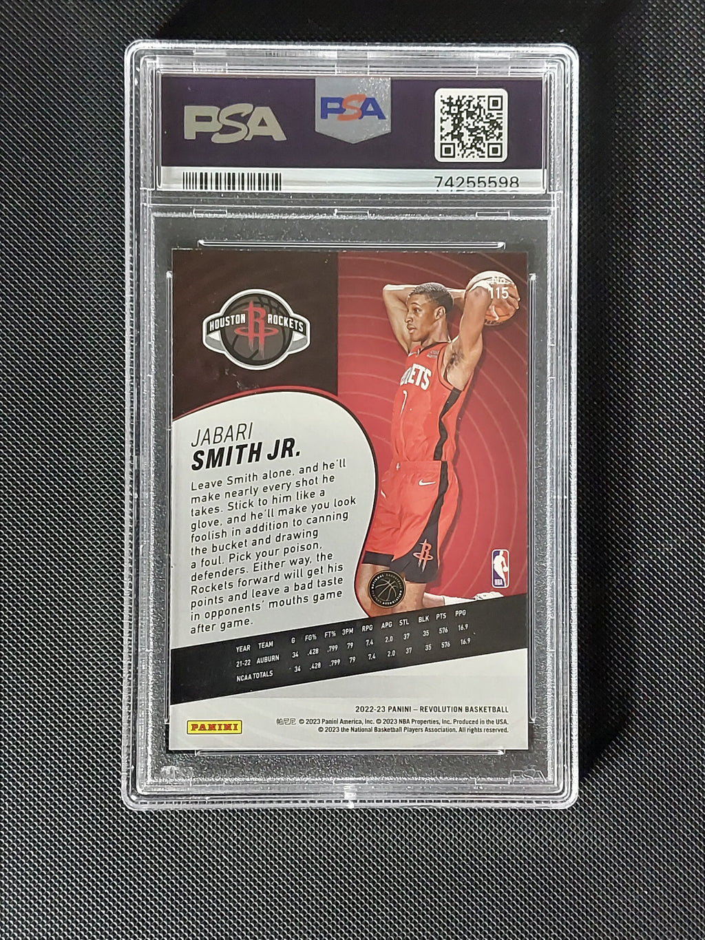 Back of 2022-23 Panini Revolution Jabari Smith Jr. #115 Rookie PSA 9 showing Houston Rockets card information.