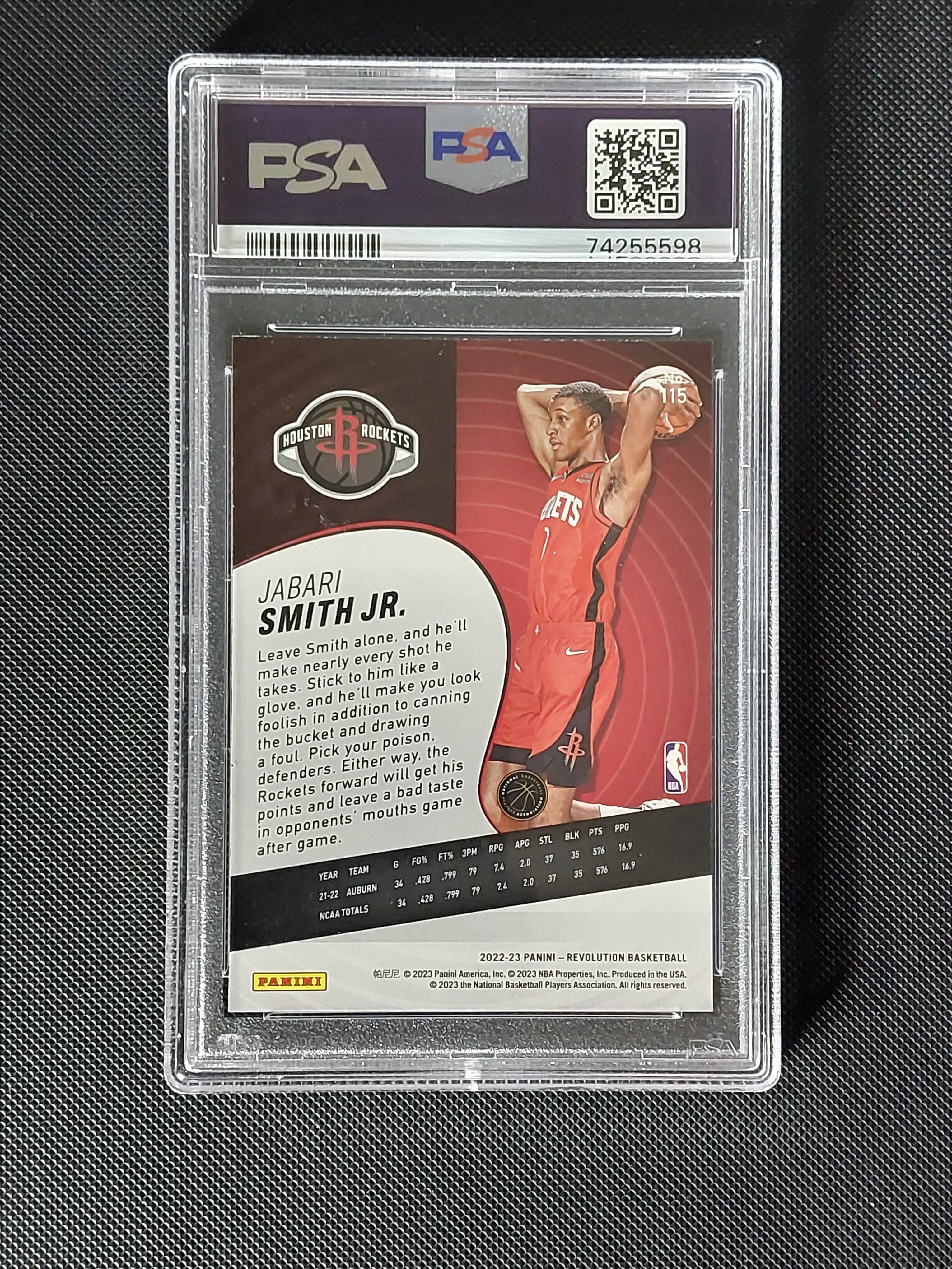 Back of 2022-23 Panini Revolution Jabari Smith Jr. #115 Rookie PSA 9 showing Houston Rockets card information.