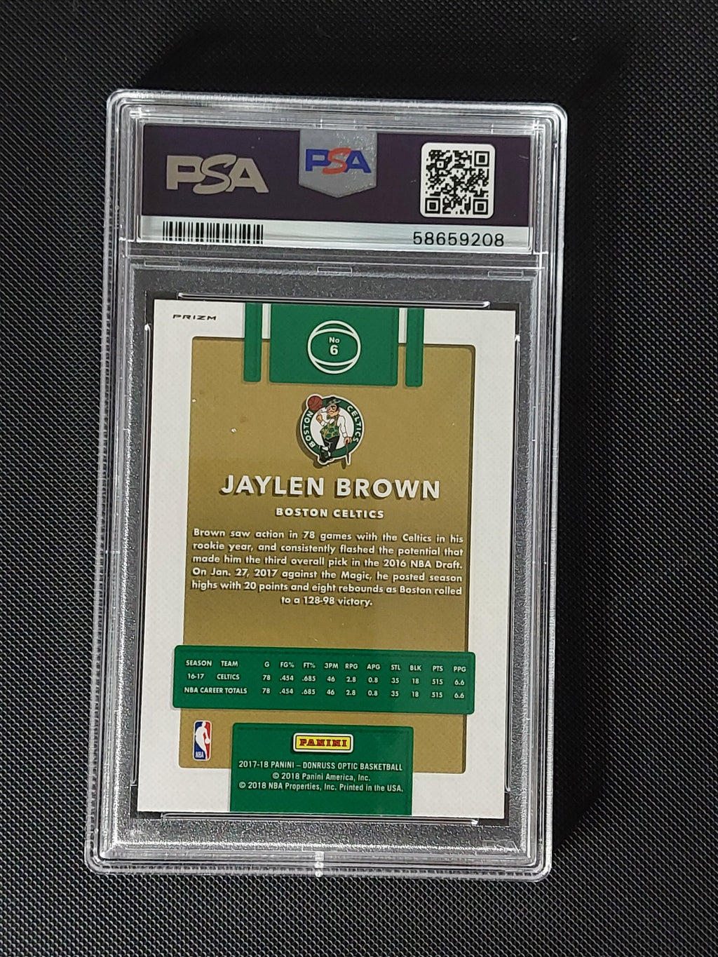 Back of 2017-18 Panini Donruss Optic Jaylen Brown #6 Holo Prizm PSA 9 showing Boston Celtics card information.