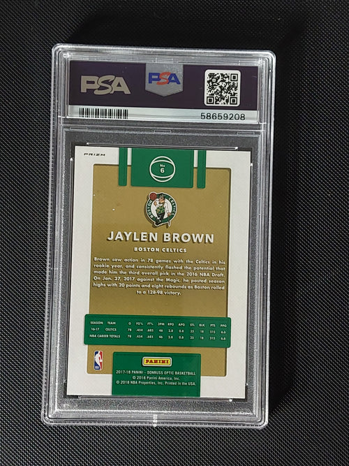 Back of 2017-18 Panini Donruss Optic Jaylen Brown #6 Holo Prizm PSA 9 showing Boston Celtics card information.