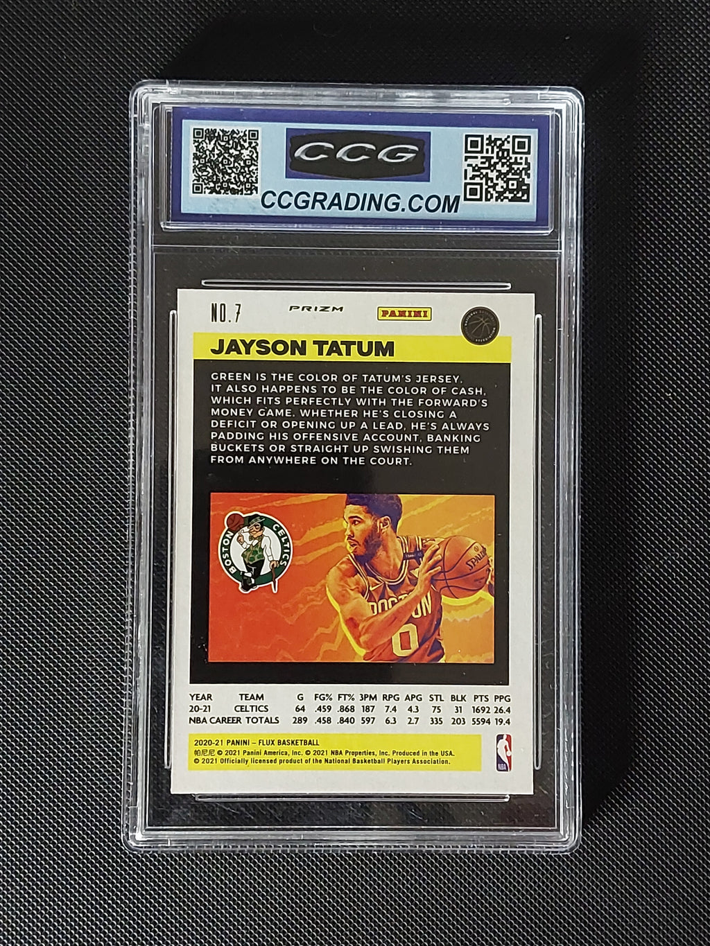 Back of 2020-21 Panini Flux Jayson Tatum #7 Silver Pulsar Prizm CCG Gem Mint 10 showing Boston Celtics card information.