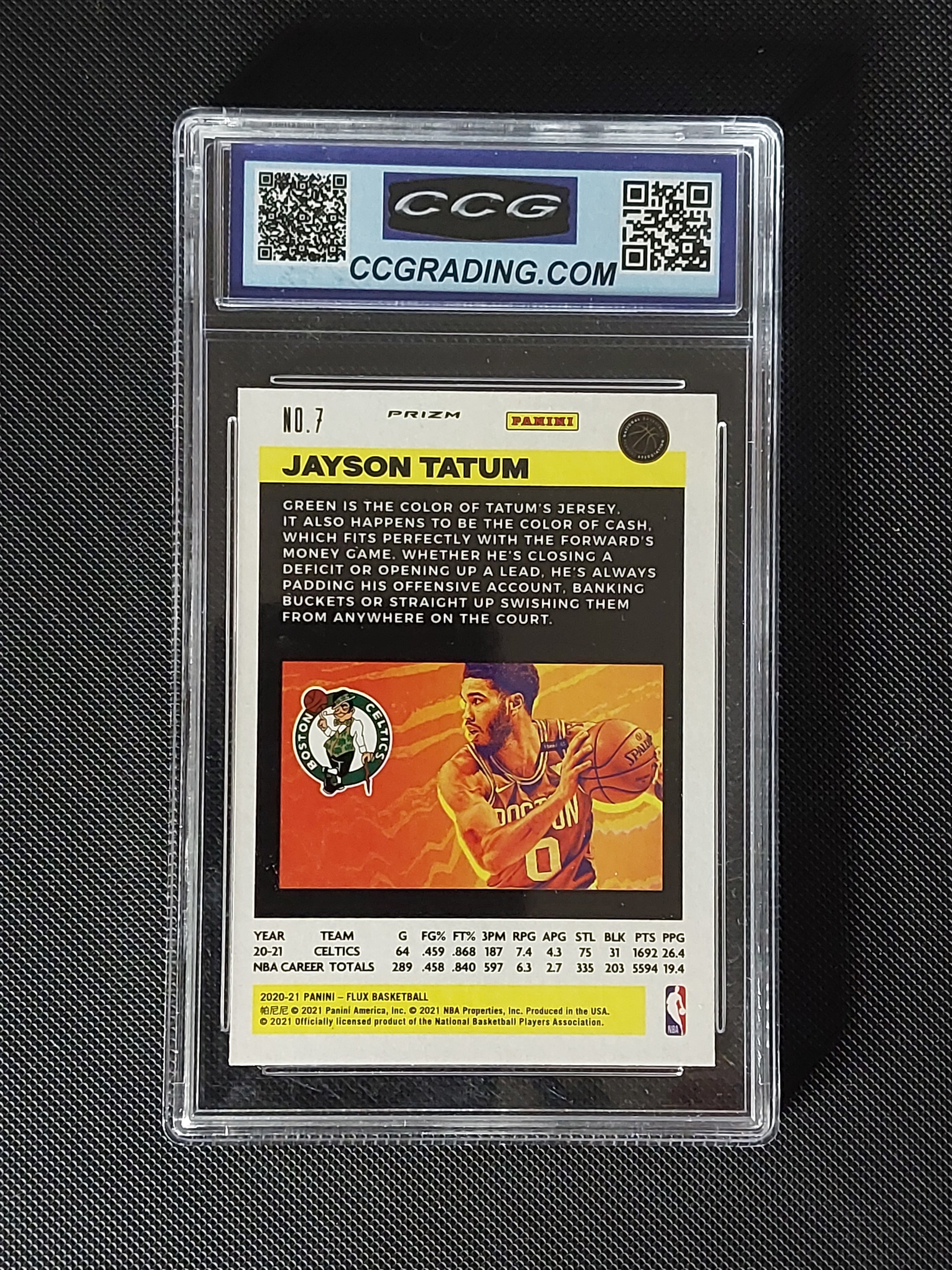 Back of 2020-21 Panini Flux Jayson Tatum #7 Silver Pulsar Prizm CCG Gem Mint 10 showing Boston Celtics card information.