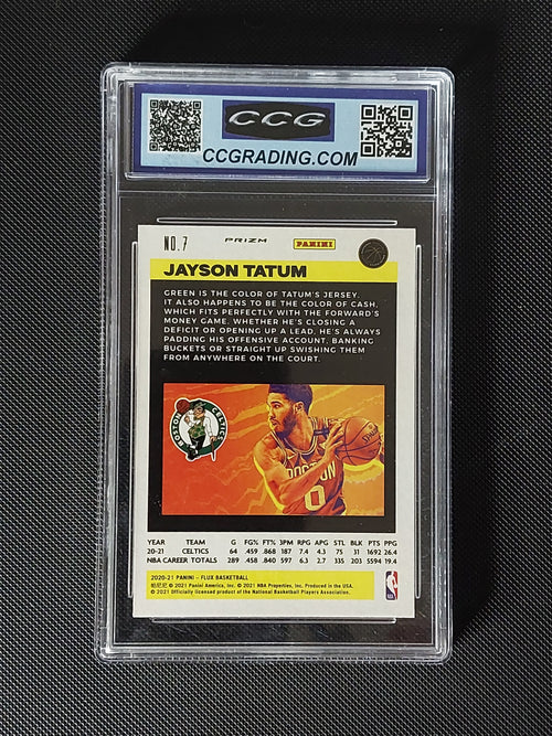 Back of 2020-21 Panini Flux Jayson Tatum #7 Silver Pulsar Prizm CCG Gem Mint 10 showing Boston Celtics card information.