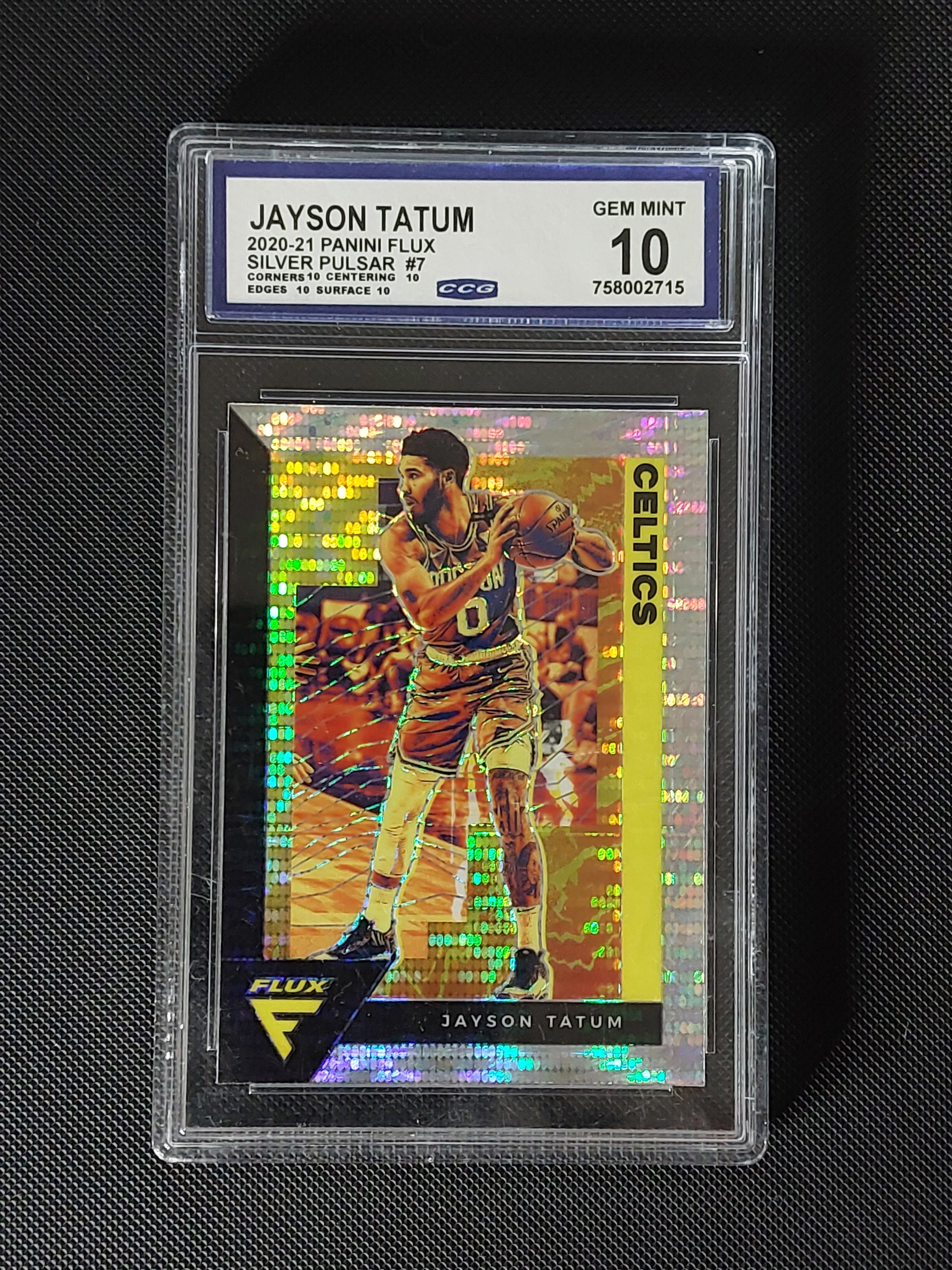 Front of 2020-21 Panini Flux Jayson Tatum #7 Silver Pulsar Prizm graded CCG Gem Mint 10 with four visible 10 subgrades