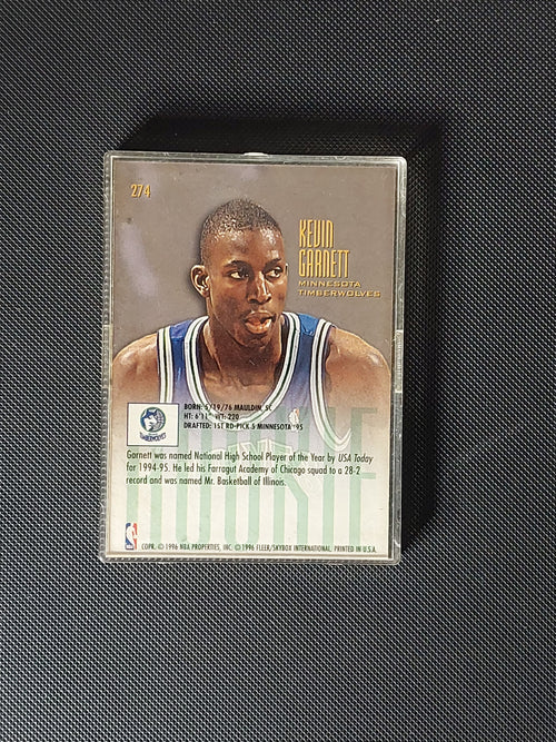 Back of 1995-96 Fleer Ultra Kevin Garnett #274 Rookie Card showing Timberwolves biography, rookie information, and card number 274.